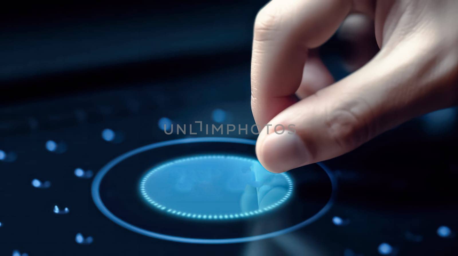 A man is pointing at a computer screen with a blue button in the middle. Concept of focus and determination as the man is trying to figure out what the button does