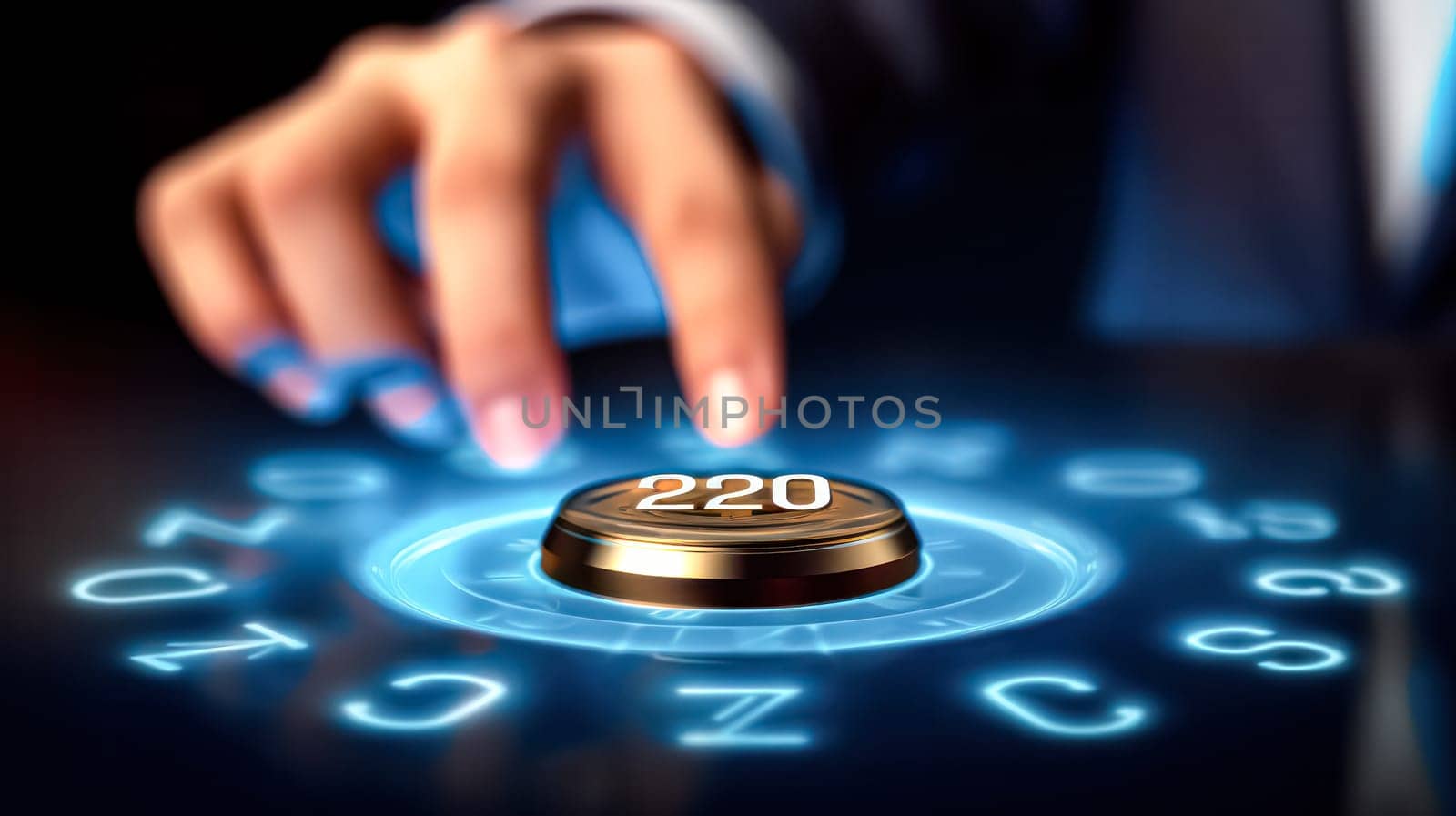 A man is pointing at a computer screen with a blue button in the middle. Concept of focus and determination as the man is trying to figure out what the button does