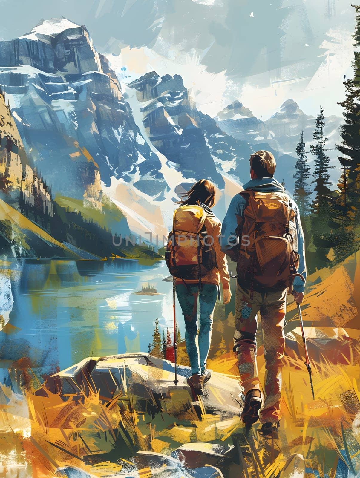 A couple is trekking through the mountainous landscape near a lake, surrounded by snowy peaks and beautiful plants. The sky is filled with clouds and the view of the mountain range is breathtaking