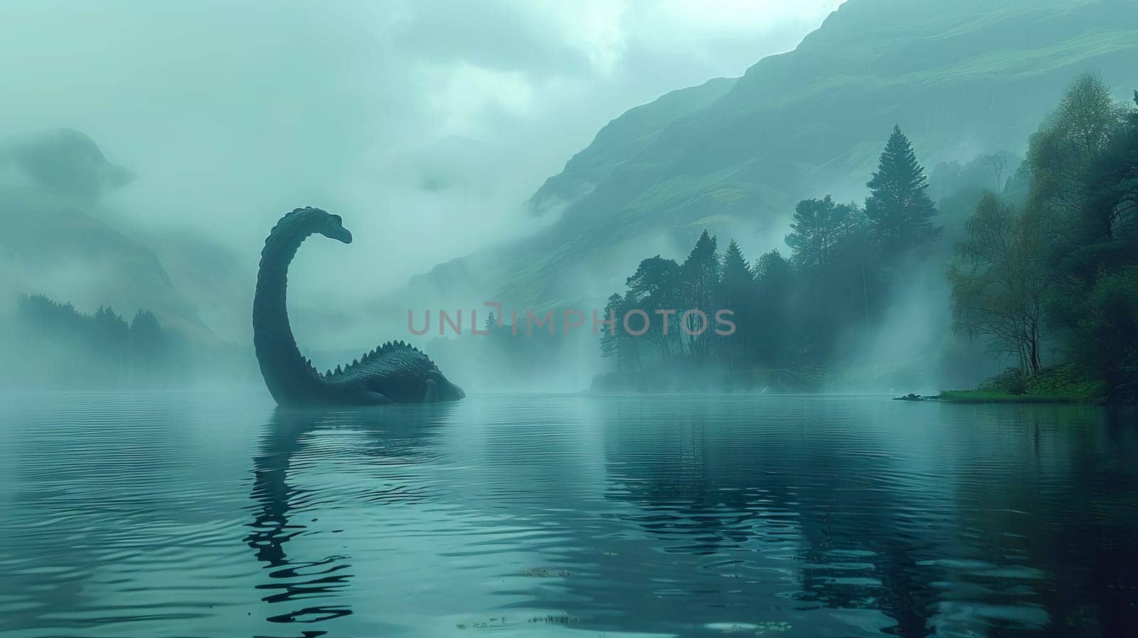 The mystical Loch Ness monster swims across the lake. by OlgaGubskaya