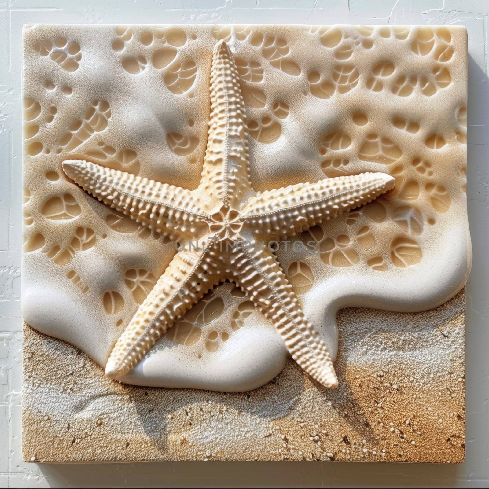 The starfish are lying on the sand. View from above. The concept of a summer sea or beach.