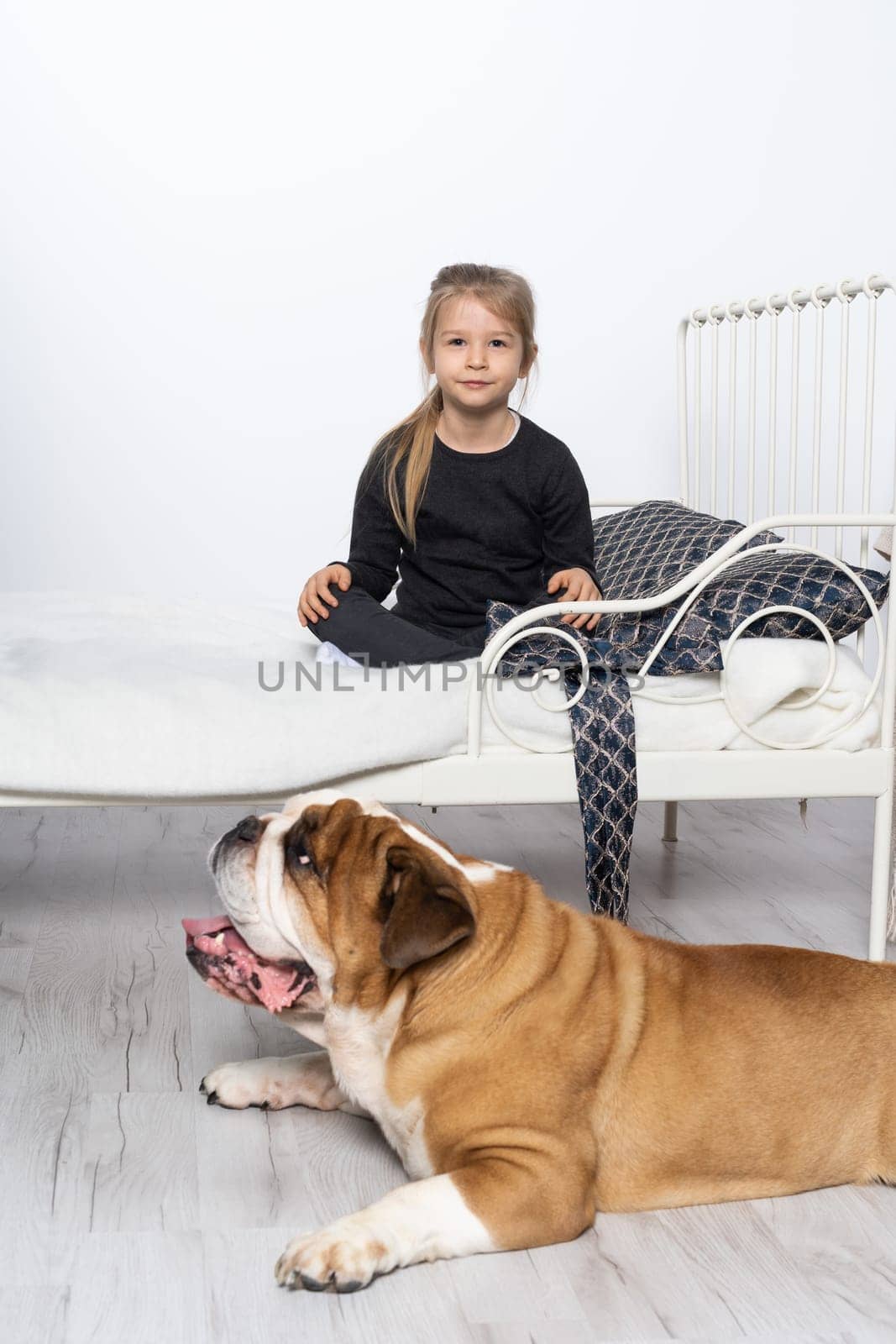 A girl is sitting on the bed and an english bulldog on the floor. There is also a dog in the child's room.