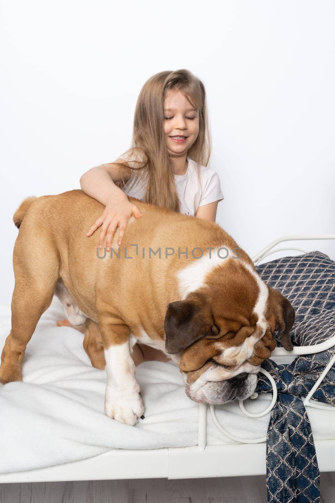 Two friends, a girl and a dog, are sitting together on the bed. The girl is petting the dog. A breed with a brown coat with white patches.