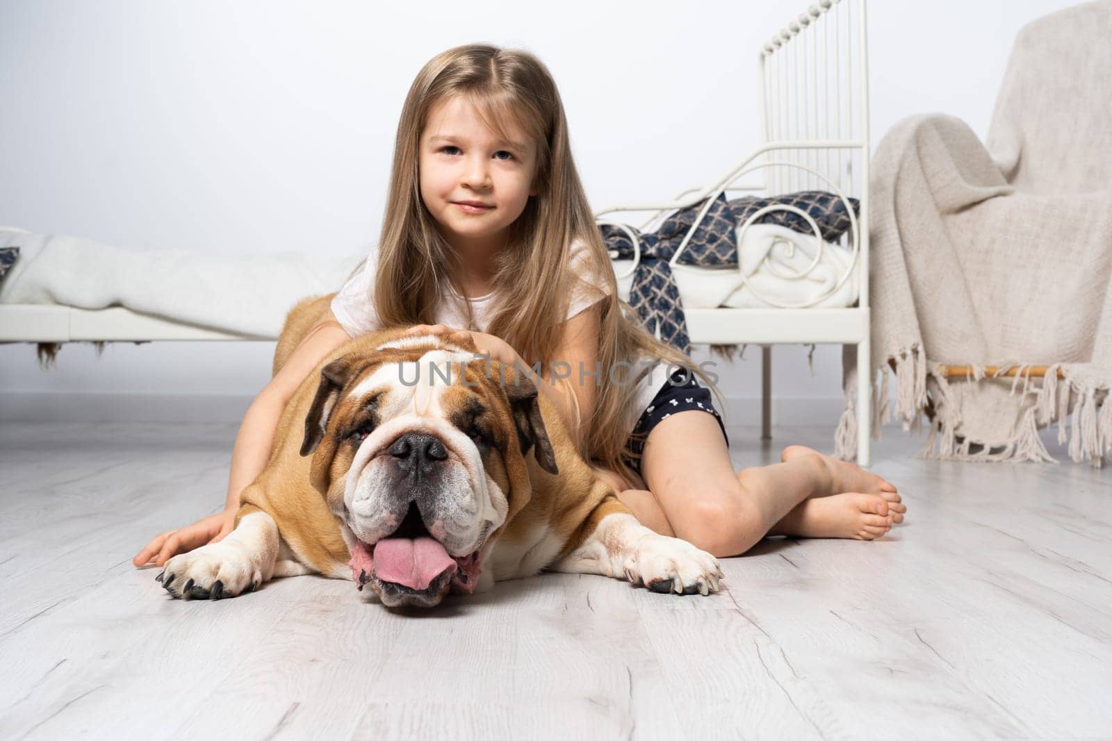 An old and fat dog and a tiny and young girl sit on the floor by the bed in the bedroom. A breed with a brown coat with white patches.