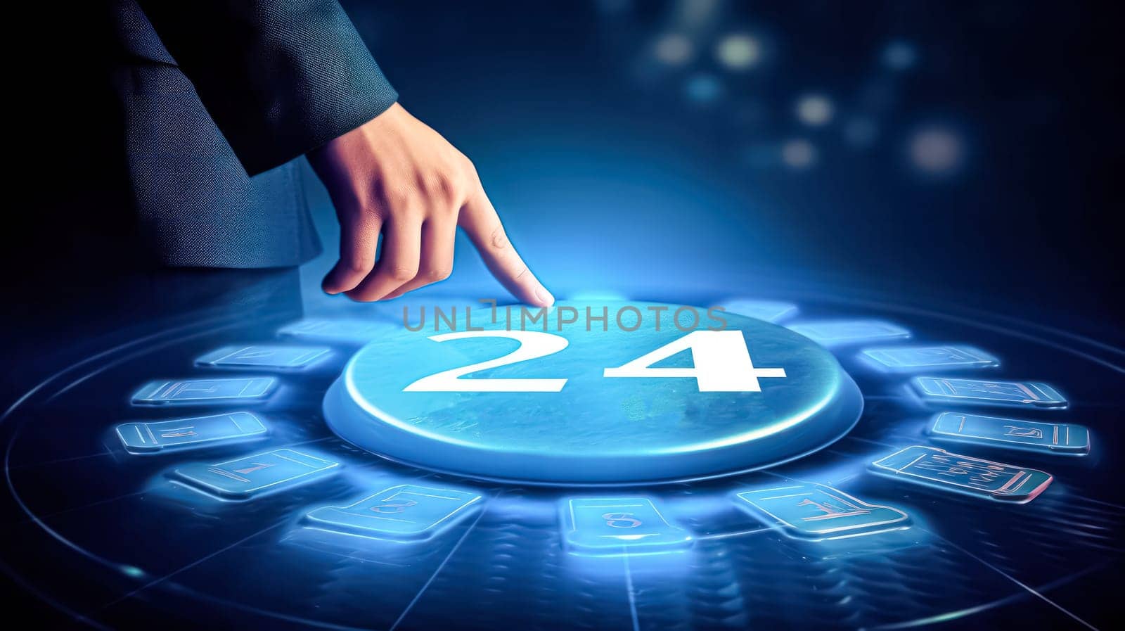 A man is pointing at a computer screen with a blue button in the middle. by Alla_Morozova93