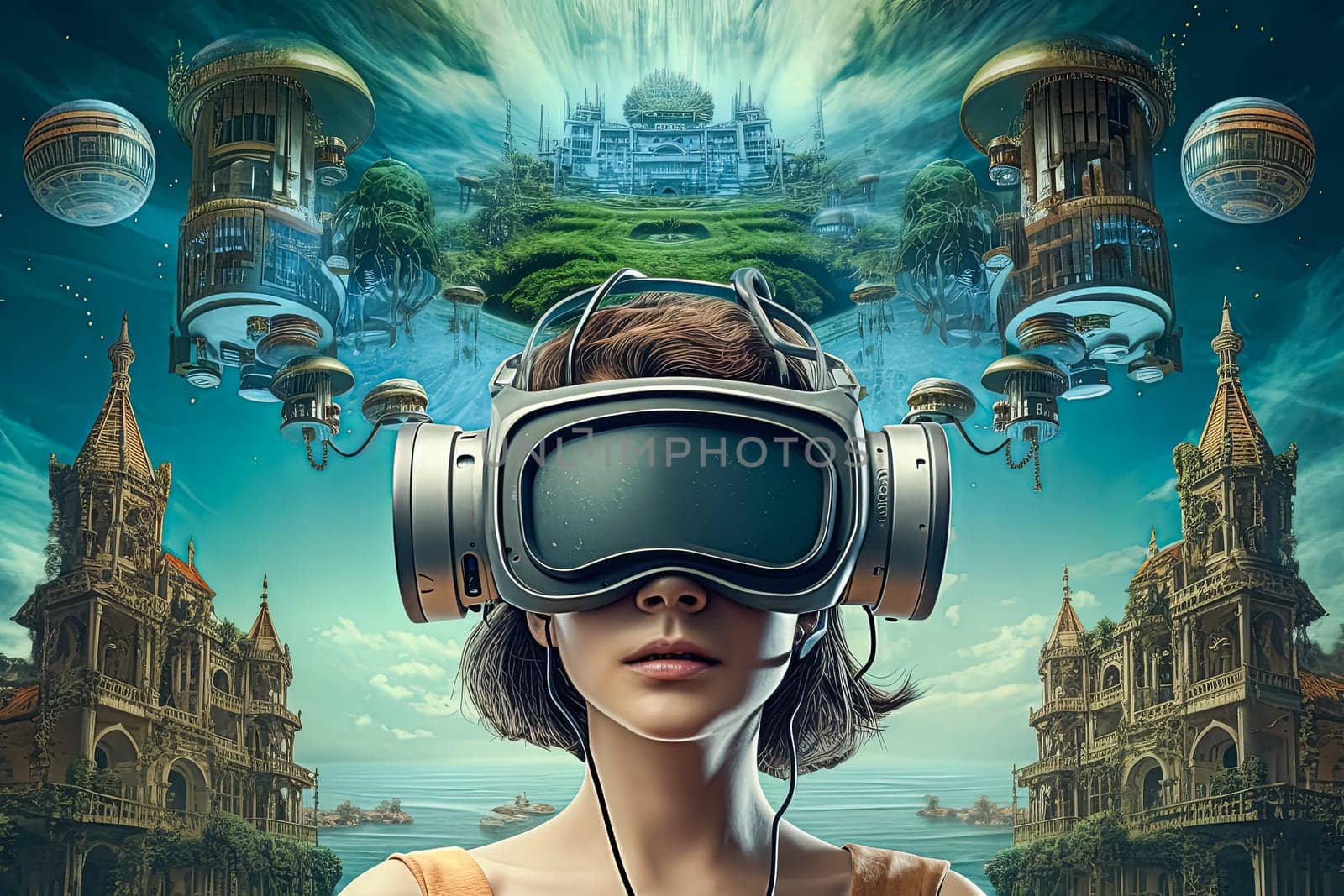 A woman wearing a virtual reality headset is looking at a cityscape. The image is a poster for a virtual reality game