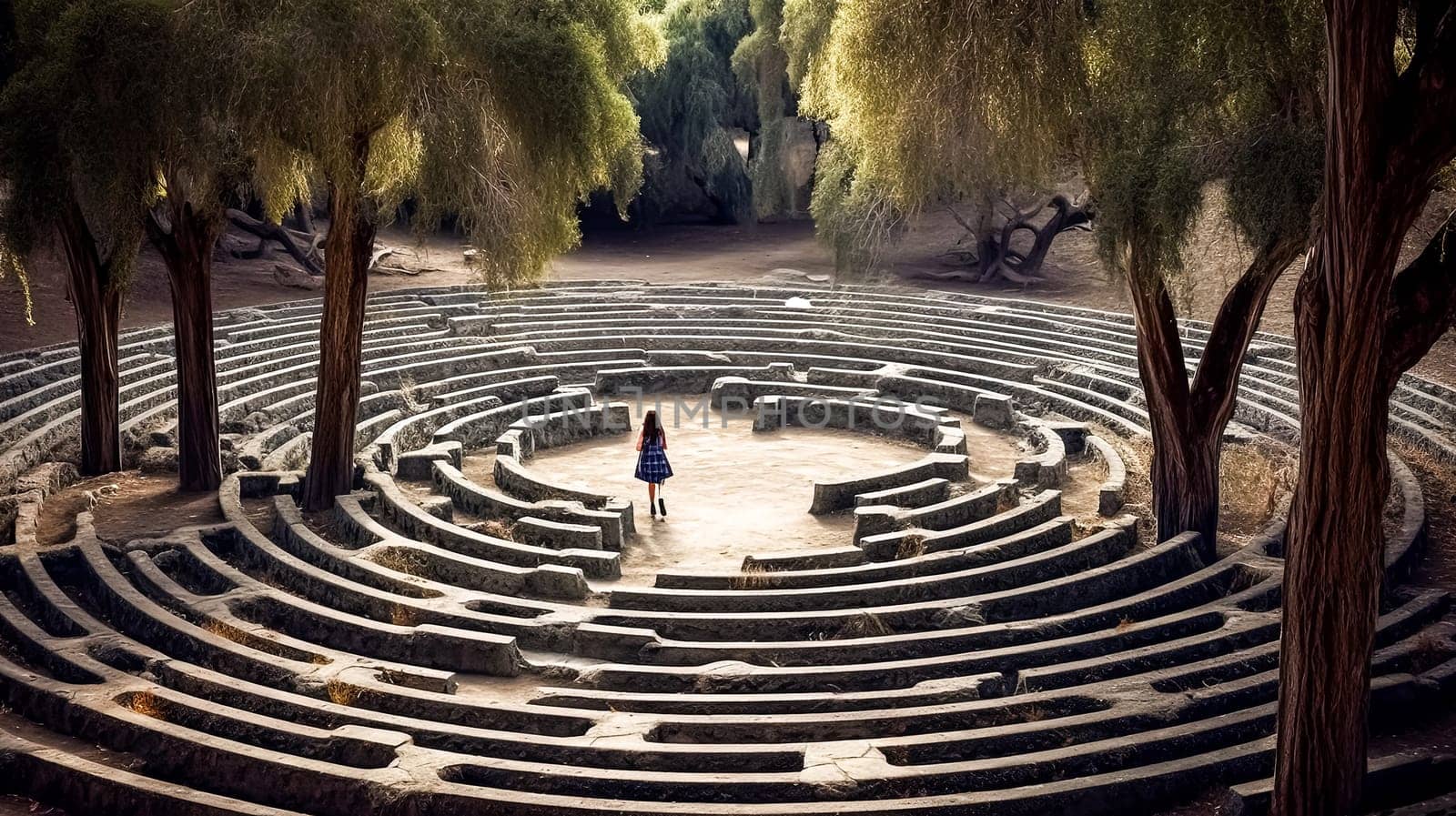 A girl is walking through a maze. The maze is surrounded by trees and has a circular shape