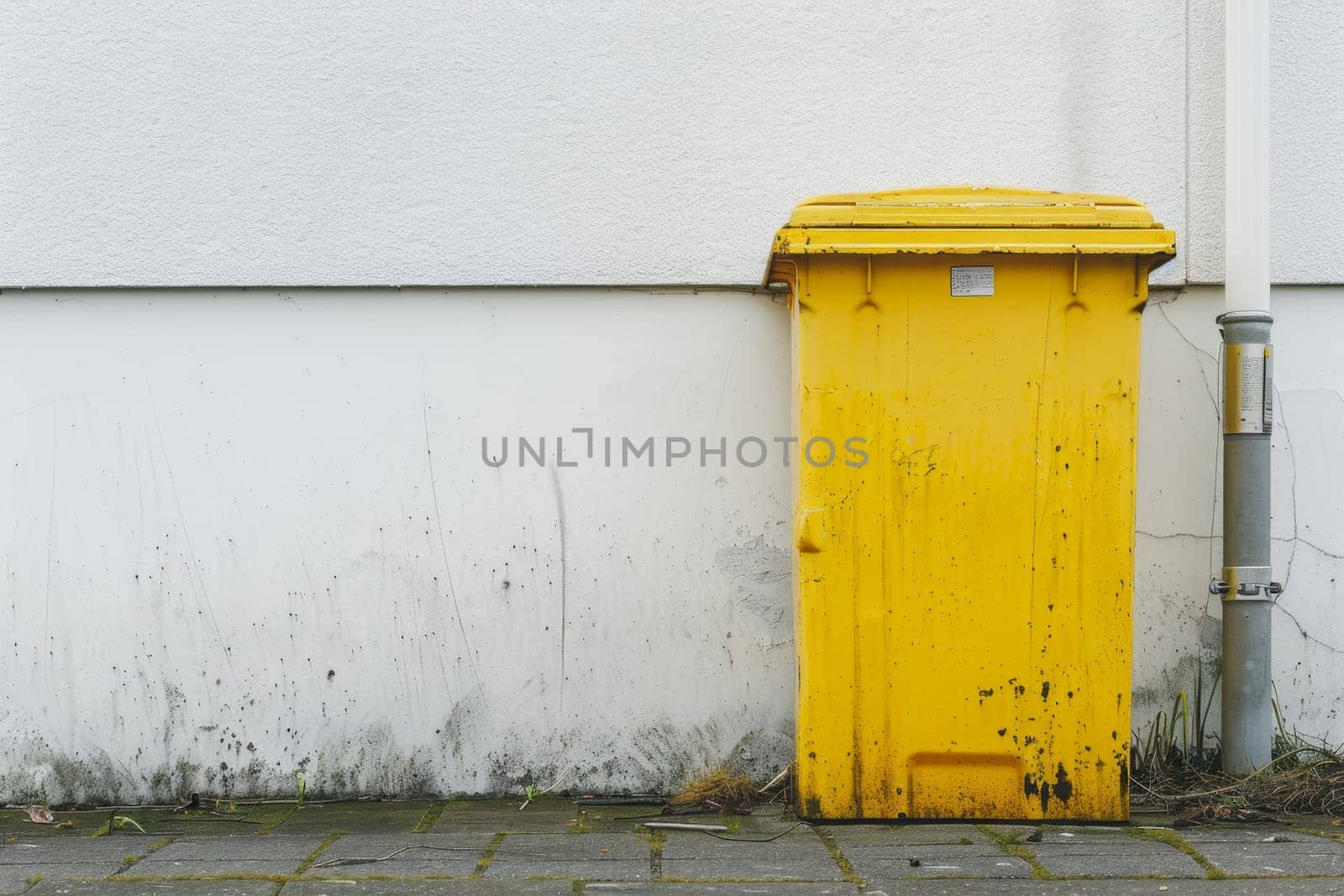 A yellow recycling container is on the street.