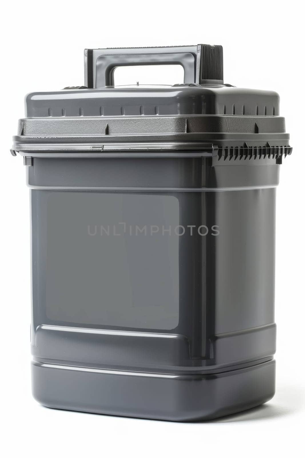 Black plastic canister for engine oil without label highlighted on a white background.