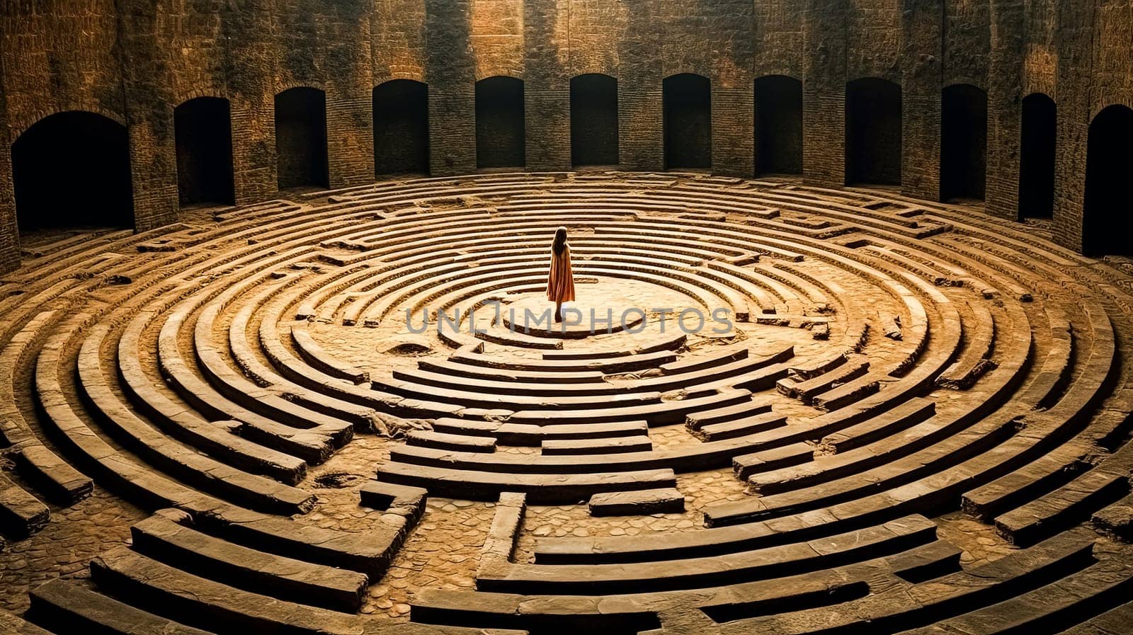 A girl is walking through a maze. The maze is surrounded by trees and has a circular shape