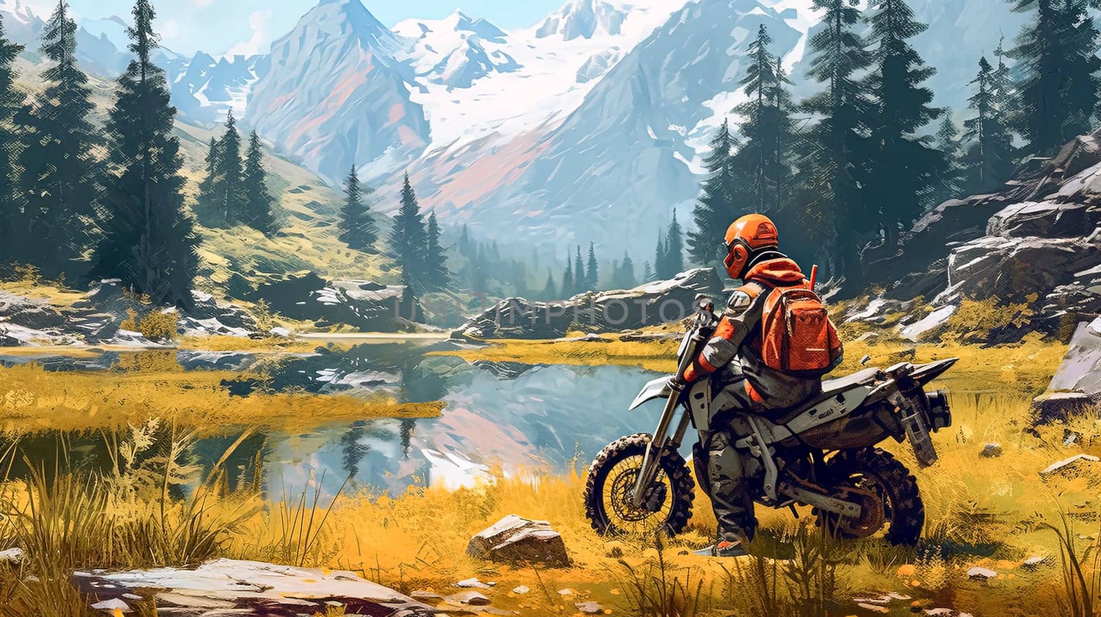 A man is riding a motorcycle in a forest with mountains in the background. The man is wearing an orange helmet and an orange backpack. The scene is peaceful and serene