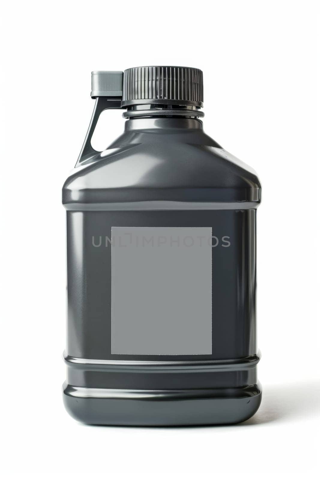 Black plastic canister for engine oil without label highlighted on a white background.