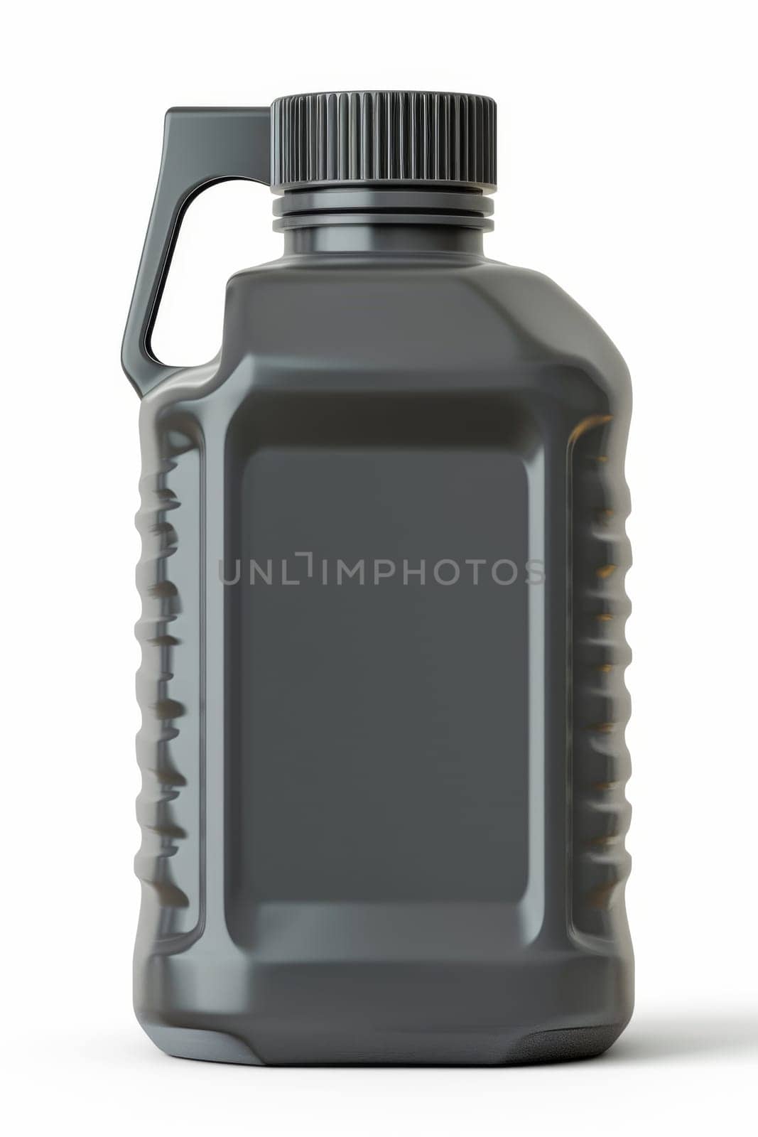 Black plastic canister for engine oil without label highlighted on a white background.