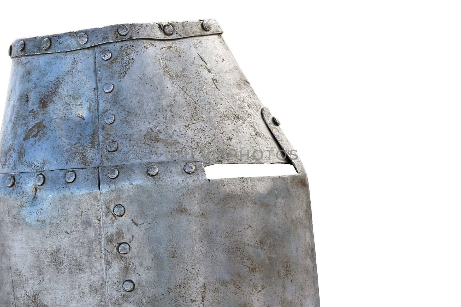 A medieval knights helmet with intricate details and rivets. Perfect for history, war, and reenactment projects, capturing the essence of the medieval era.