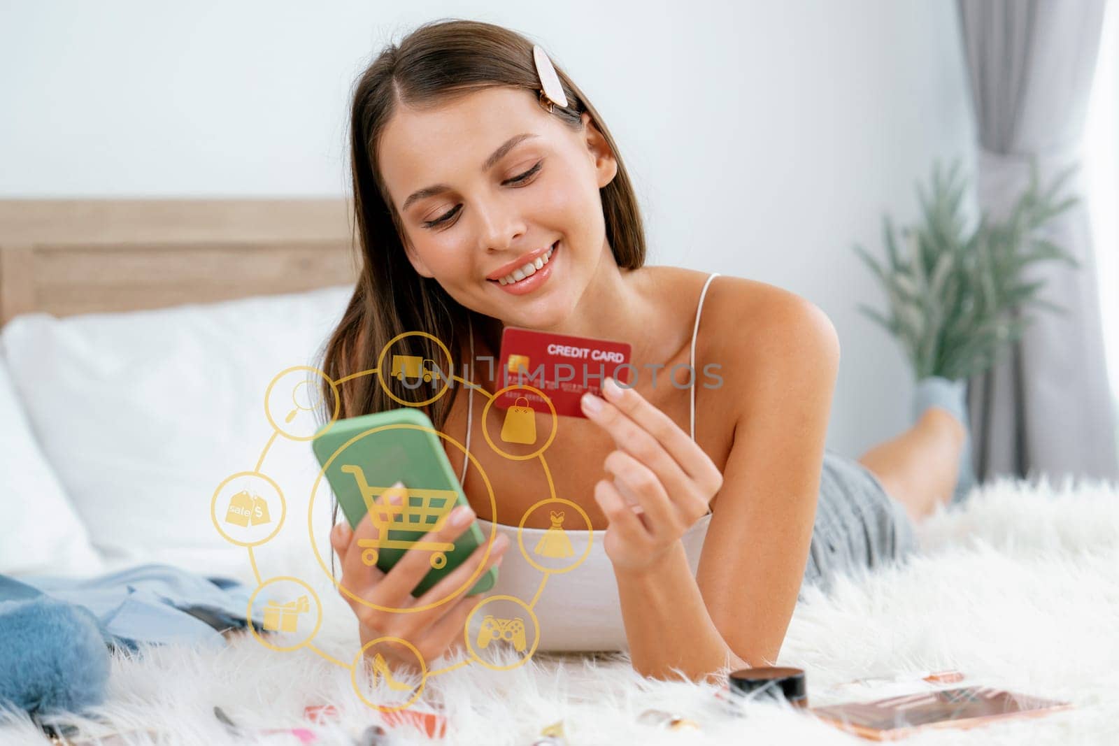 Consumer holding credit card typing phone shopping online inventory. Cybercash. by biancoblue