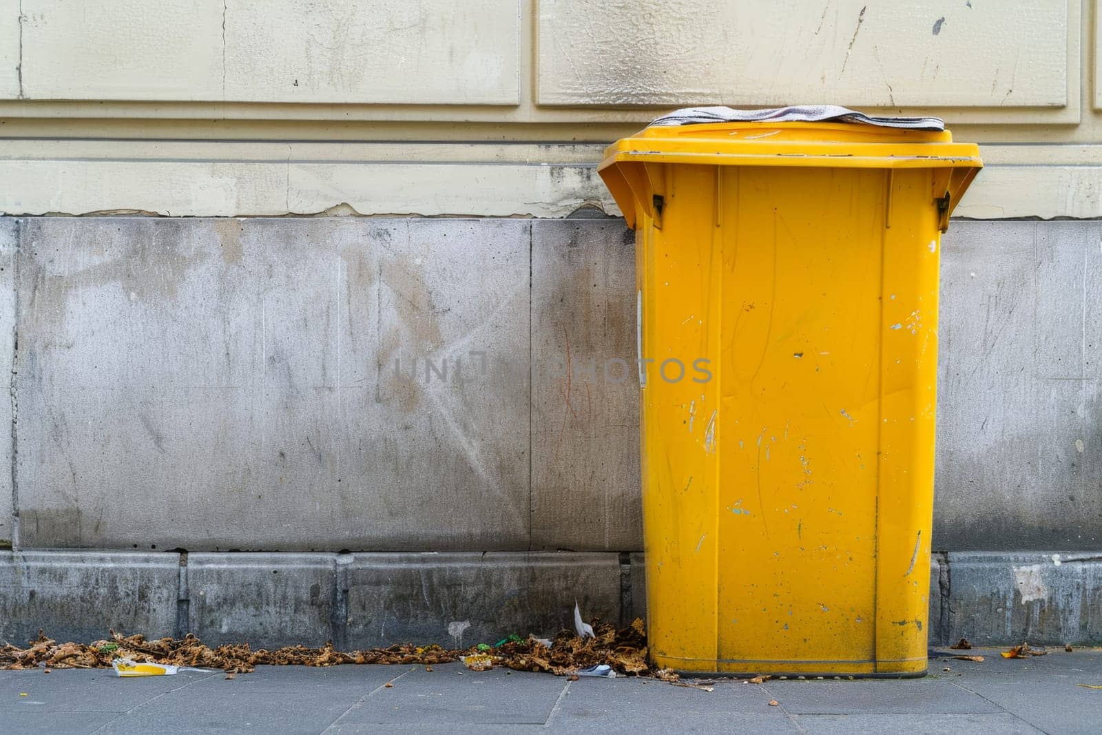 A yellow recycling container is on the street.