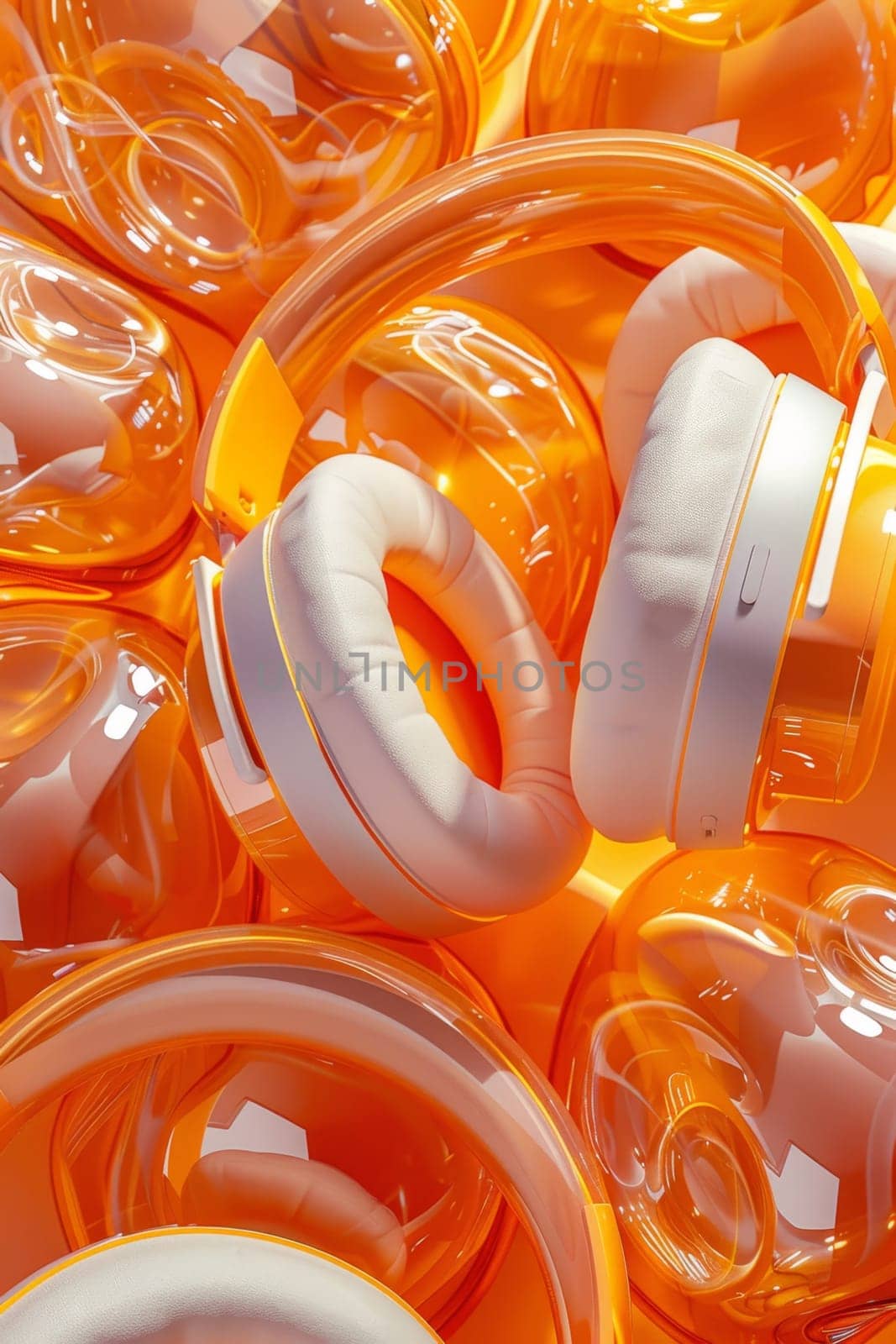 A set of orange headphones highlighted on an orange background.