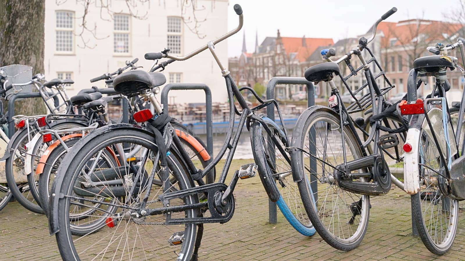 Bicycles parked alongside a channel on beautiful old buildings background.