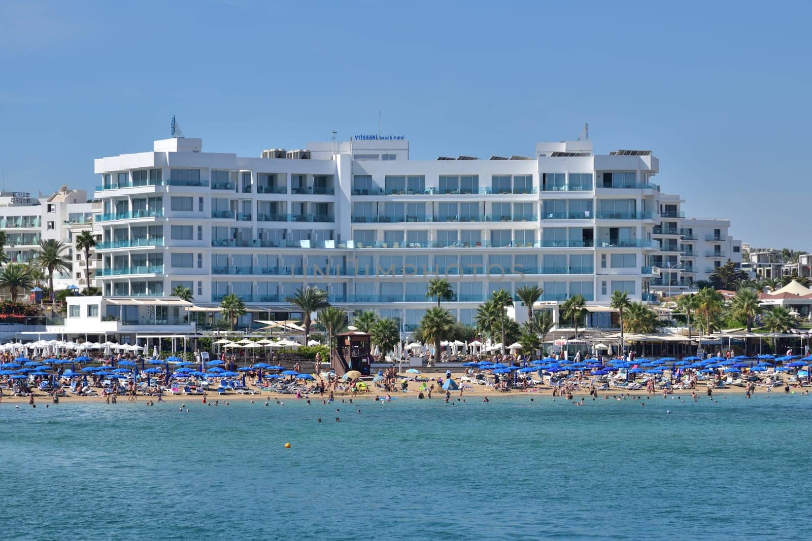 Protaras, Cyprus - Oct 10. 2019. Vrissaki - hotel on famous Sunrise Beach