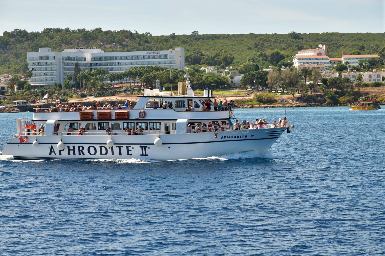 Protaras, Cyprus - Oct 10. 2019. Aphrodite II -Sightseeing ship with the tourists sets sail