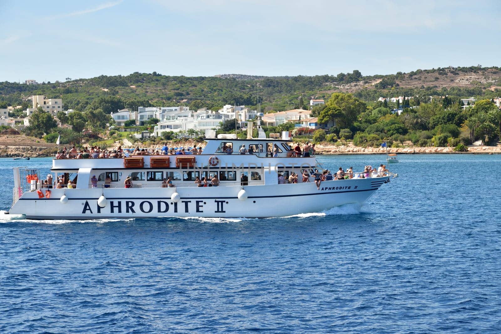 Protaras, Cyprus - Oct 10. 2019. Aphrodite II -Sightseeing ship with tourists sets sail by olgavolodina