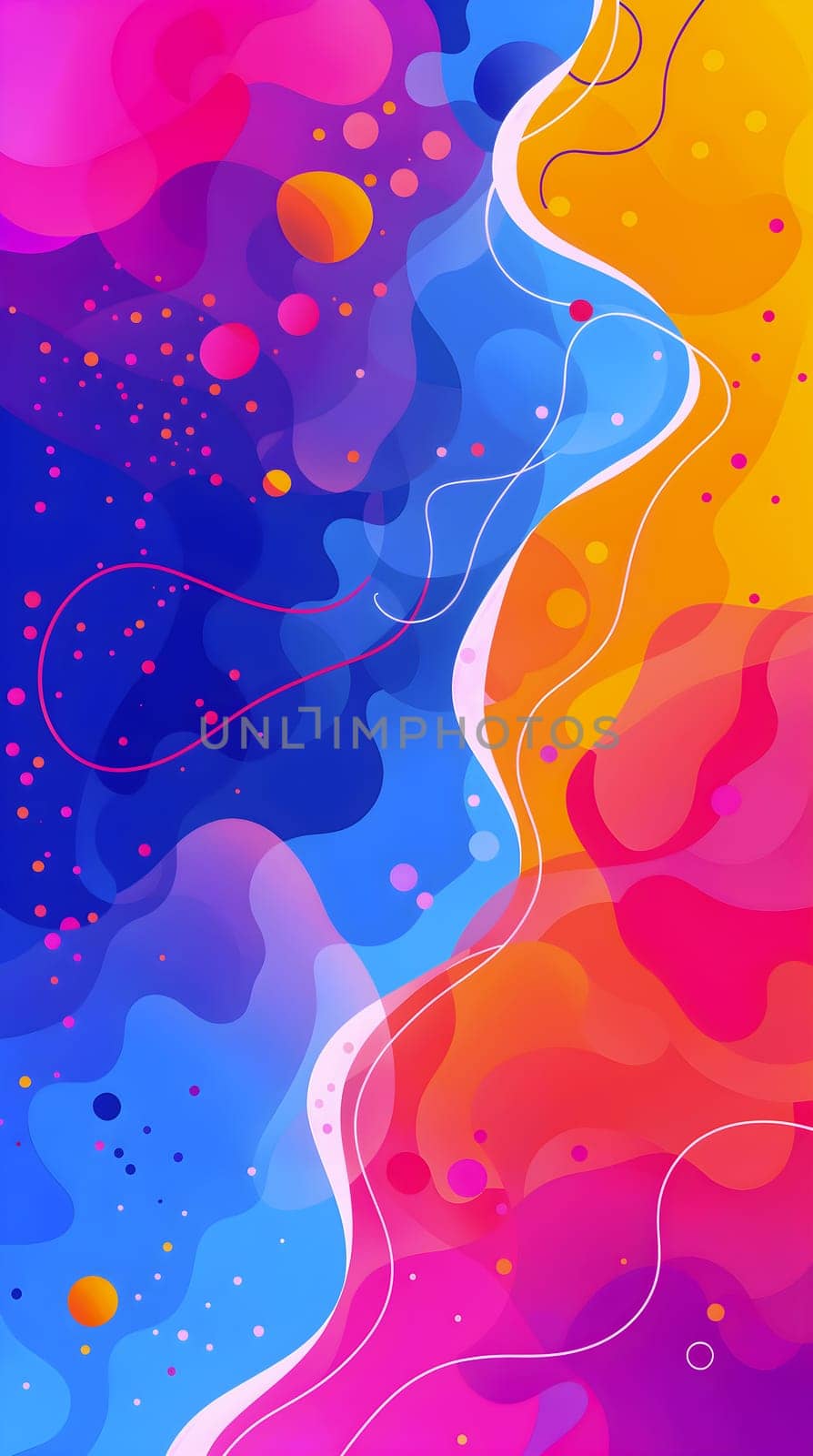 A vibrant and dynamic abstract background featuring numerous swirls and bubbles in various sizes and colors - Generative AI