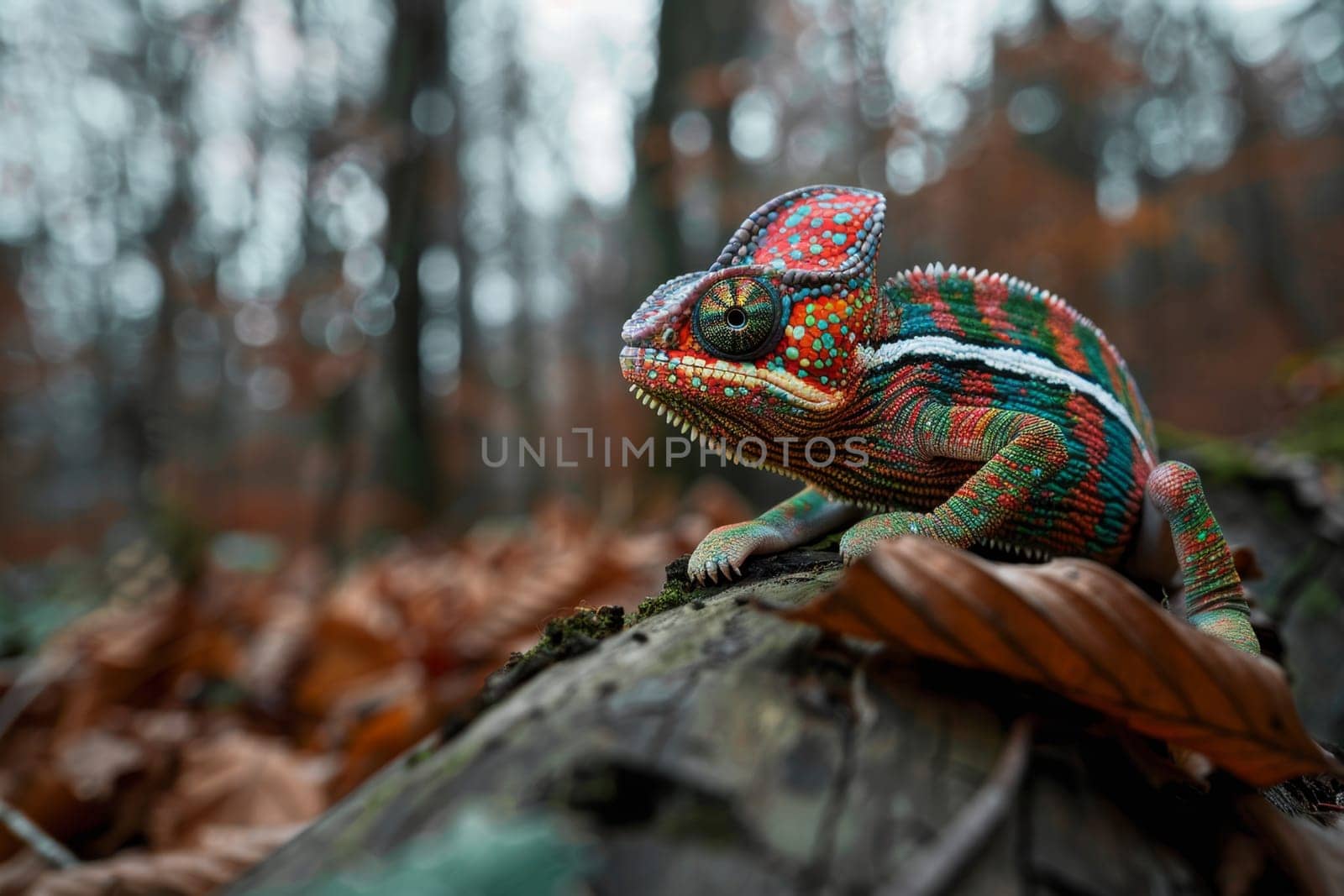 A chameleon in a bright hat on the background of a forest landscape.