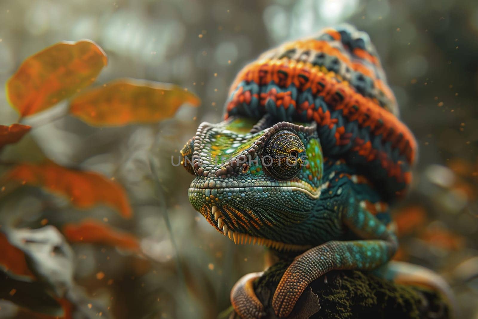 A chameleon in a bright hat on the background of a forest landscape.