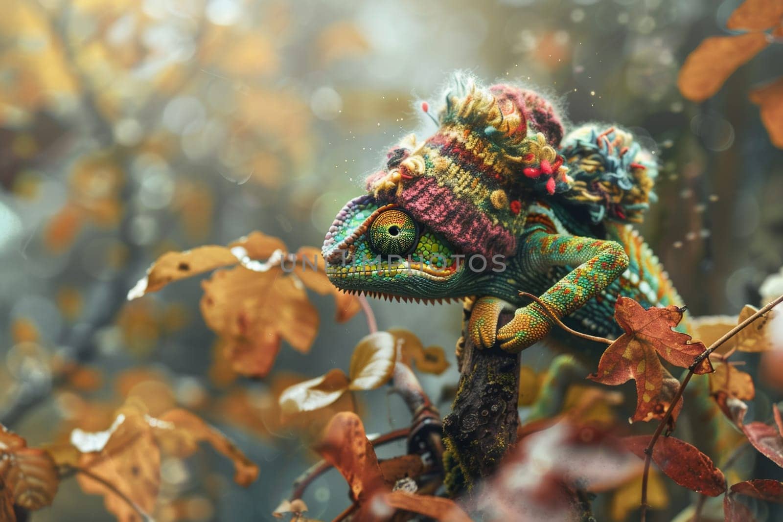 A chameleon in a bright hat on the background of a forest landscape.