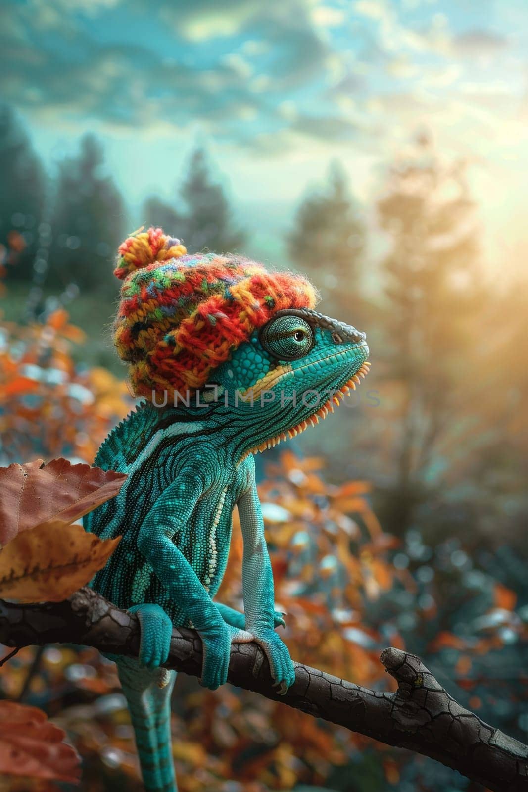 A chameleon in a bright hat on the background of a forest landscape.