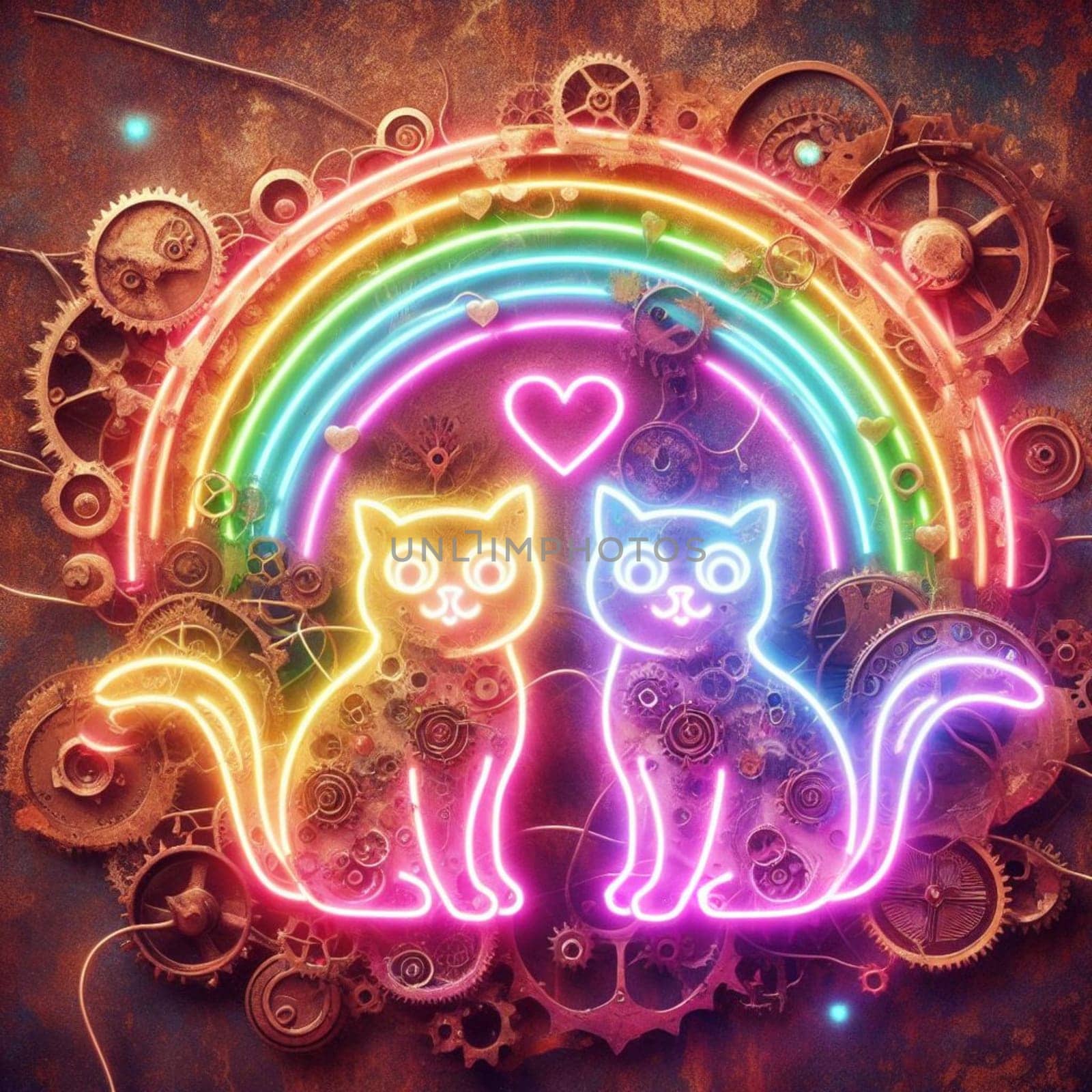 kittens in love steampunk neon valentines day illustration concept by verbano