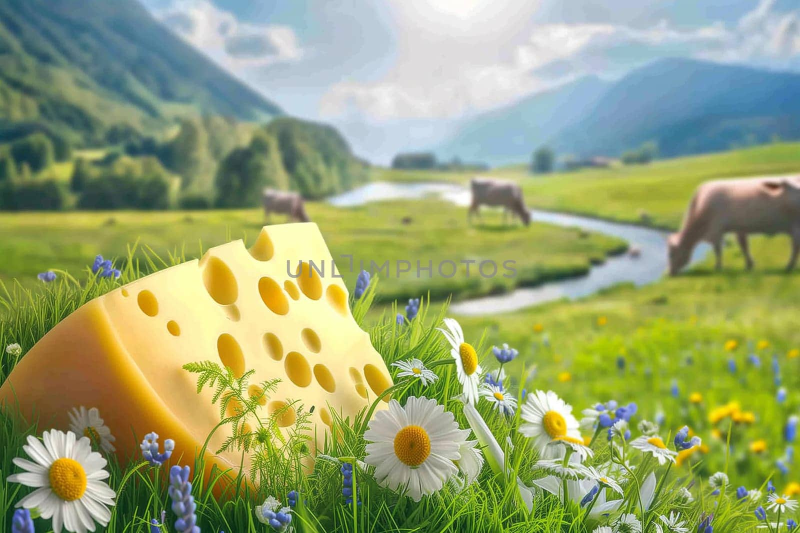 A piece of cheese lying in the grass, surrounded by green blades and small insects crawling around it.