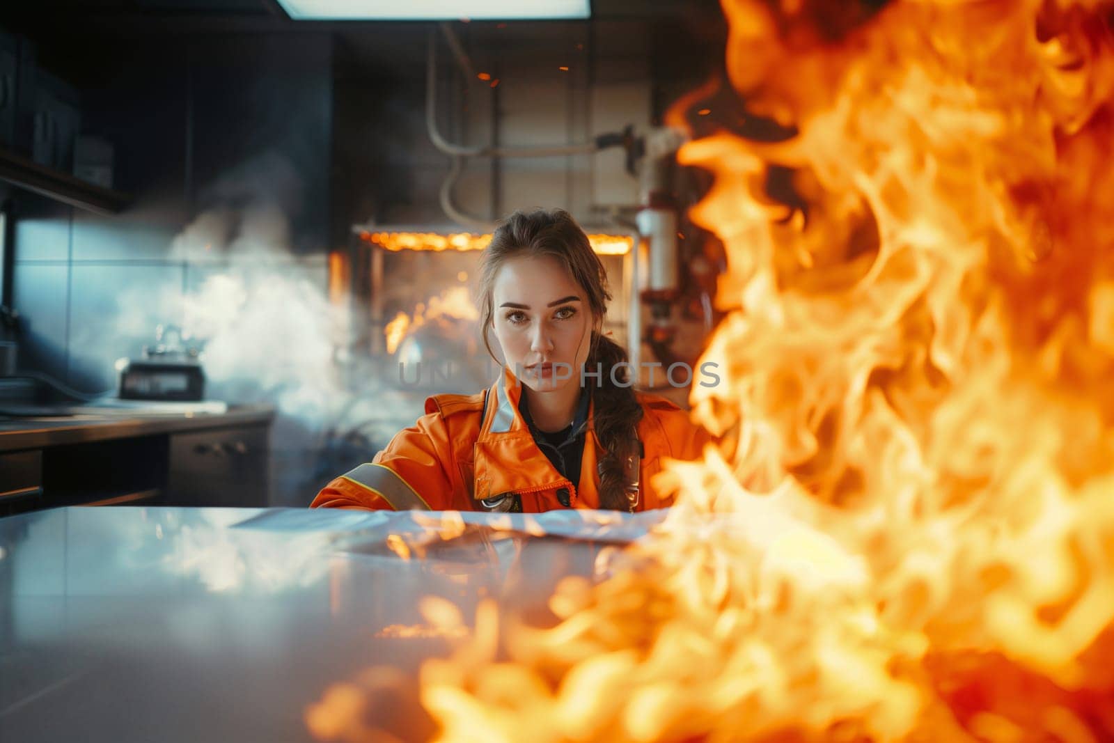 A firefighter girl sits in a room at a table and a fire blazes in the background. Defeat in the office. Blonde firewoman.