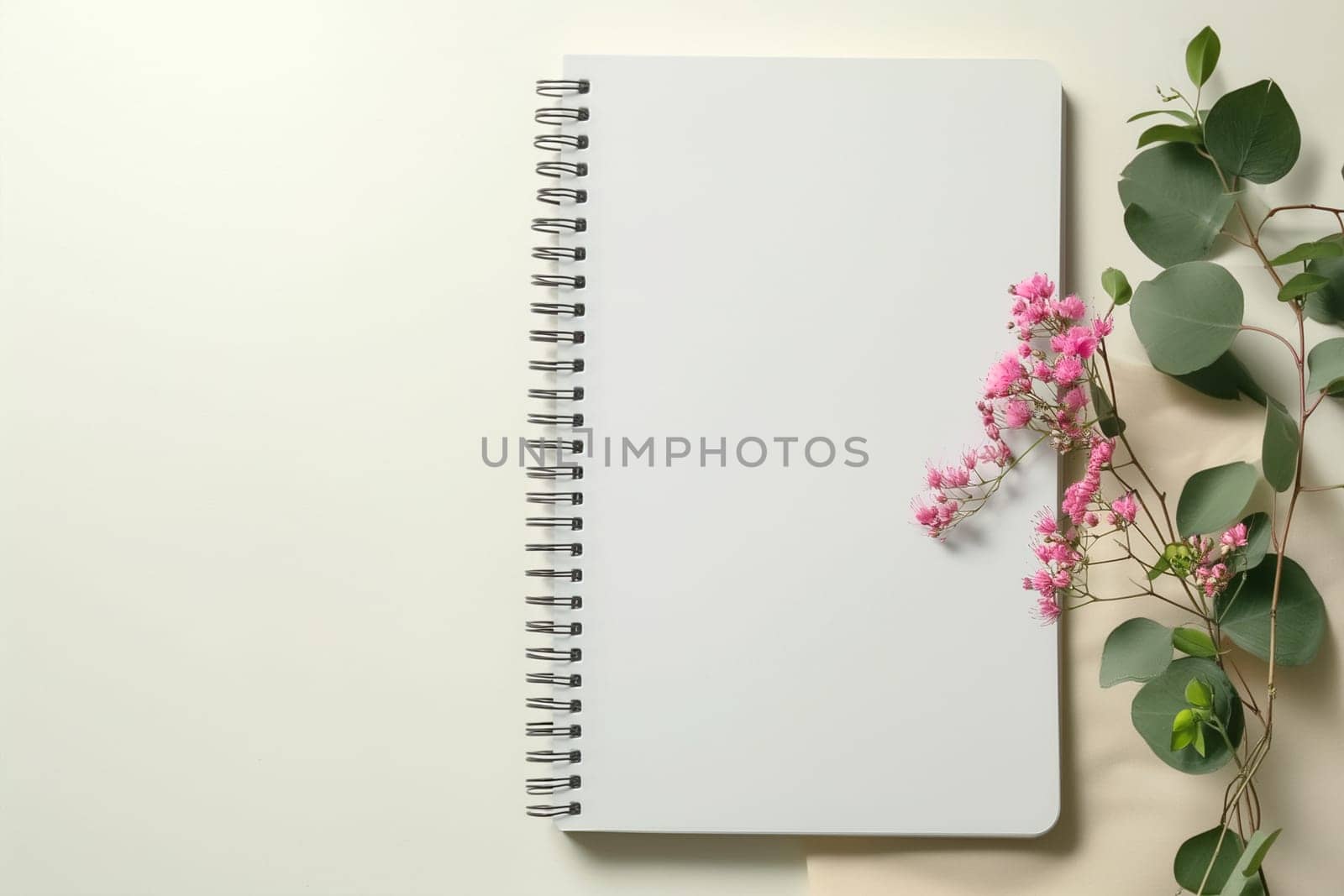 A spiral notebook with a pink flower placed on top, against a plain background. mockup