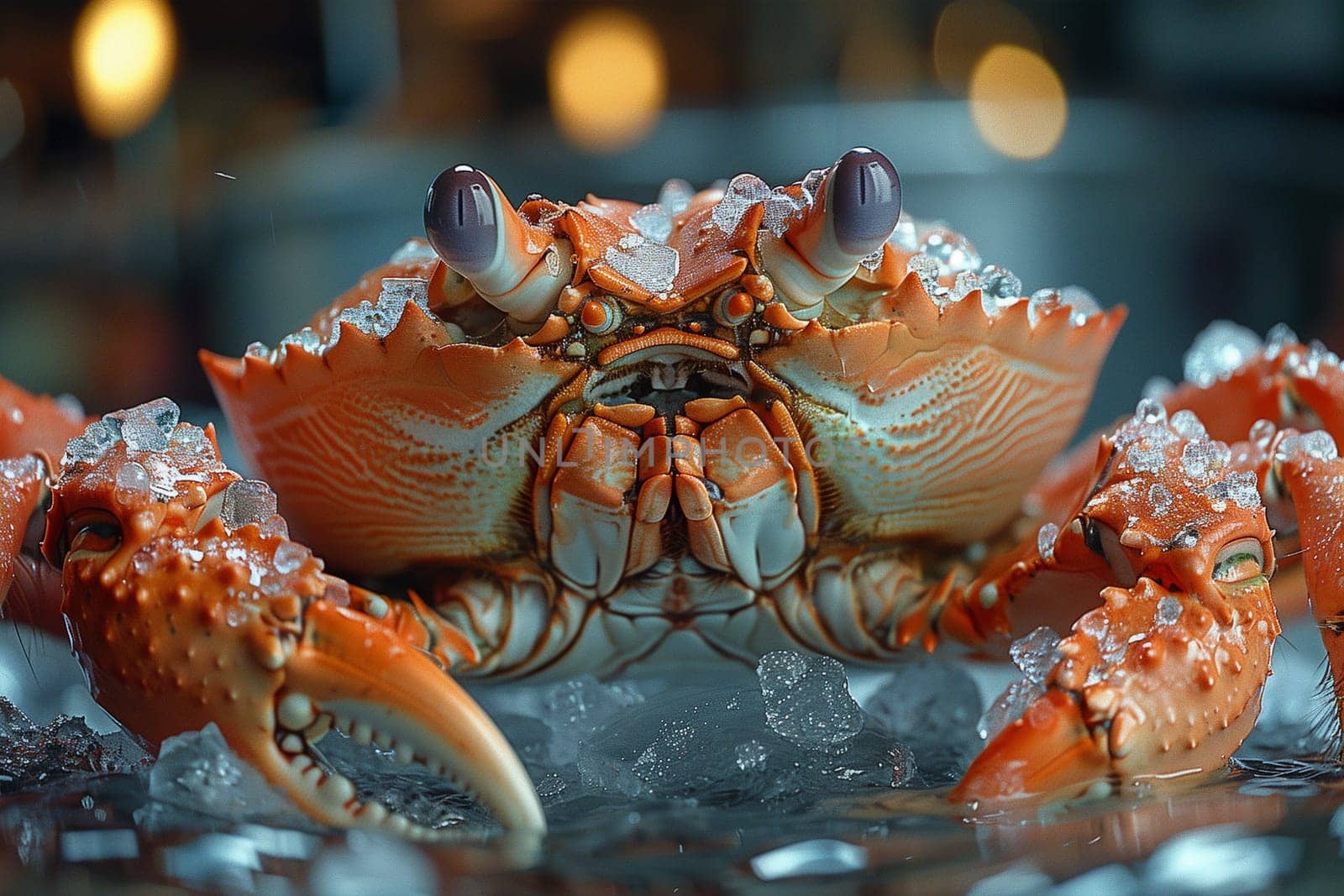 A detailed view of a crab crawling on a bed of ice, showcasing its intricate shell and sharp claws.