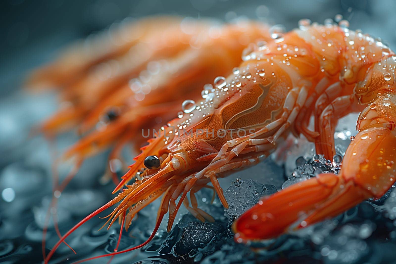 A detailed view of a shrimp resting on a bed of ice, showcasing its intricate features and texture.