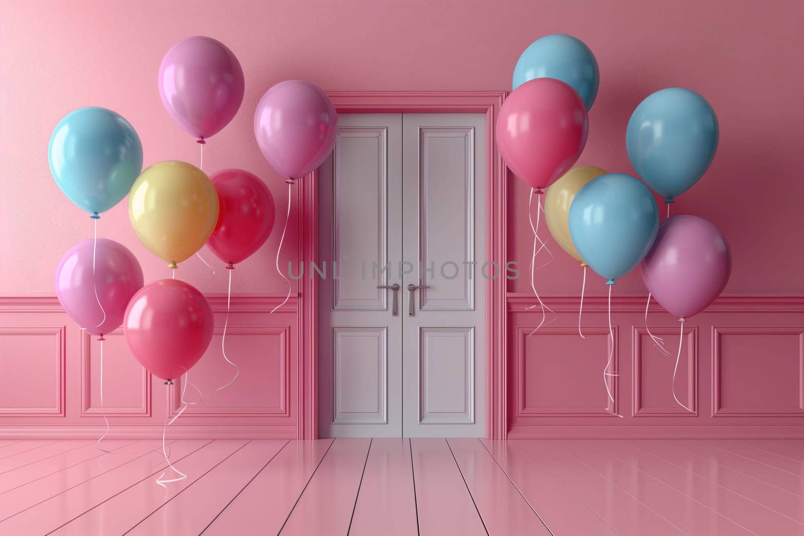 A vibrant arch of colorful balloons adorns the door of a pink room, creating a festive and cheerful decoration for any event or party supply