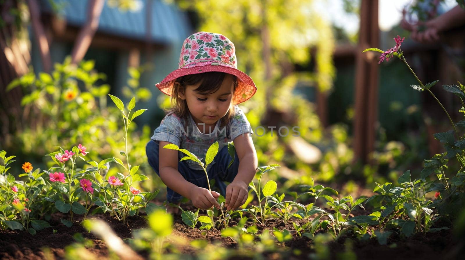 A focused young girl is kneeling down in a sunlit garden, carefully tending to small green plants. She is wearing a colorful sun hat with a blurred background - Generative AI