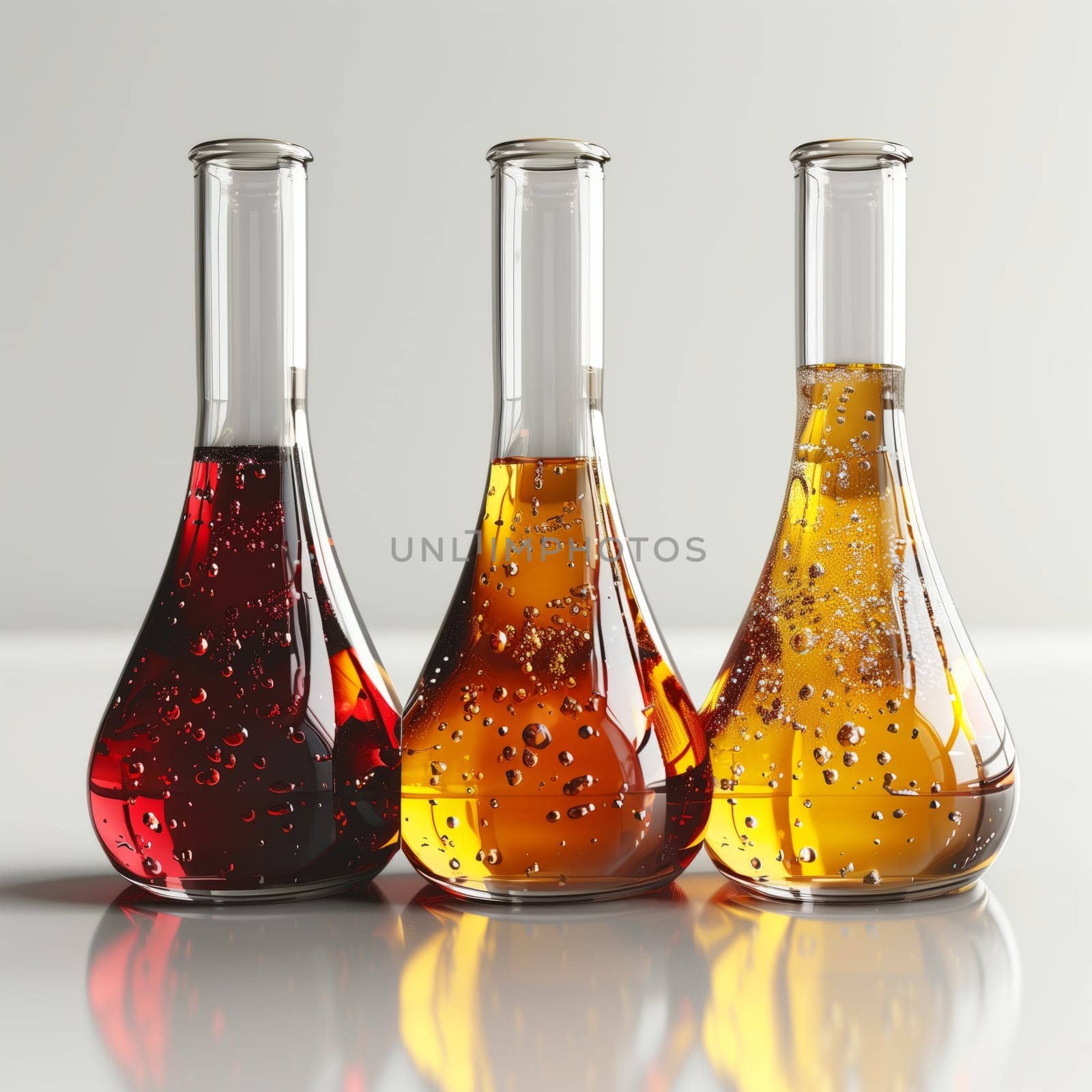 Three beakers filled with various colored liquids are displayed on a table, showcasing different hues and textures of the fluid ingredients