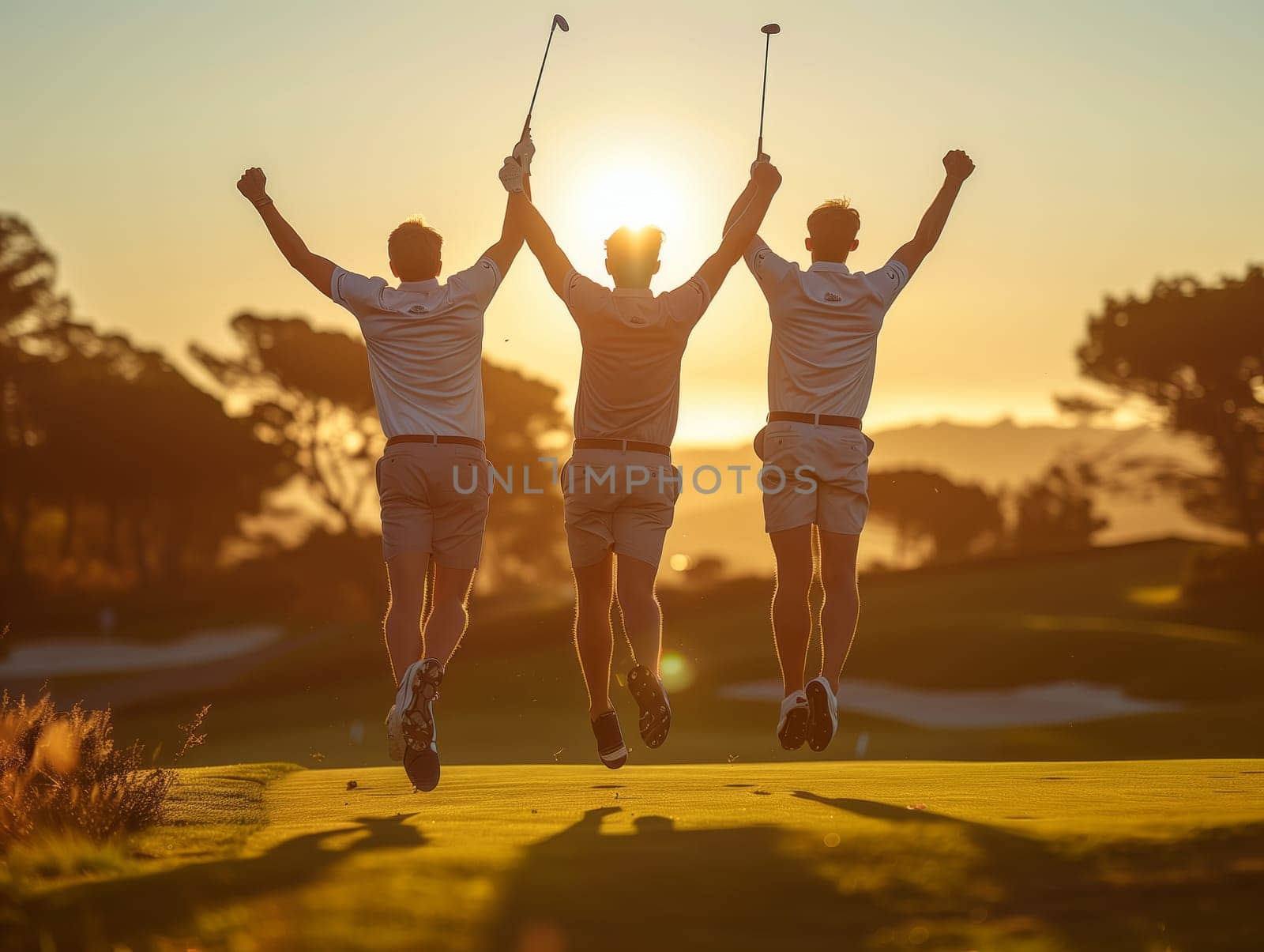 Three happy men are midair, jumping with golf clubs against a natural landscape backdrop of trees. Their gestures show joy and leisure as they enjoy fun and entertainment in the sky