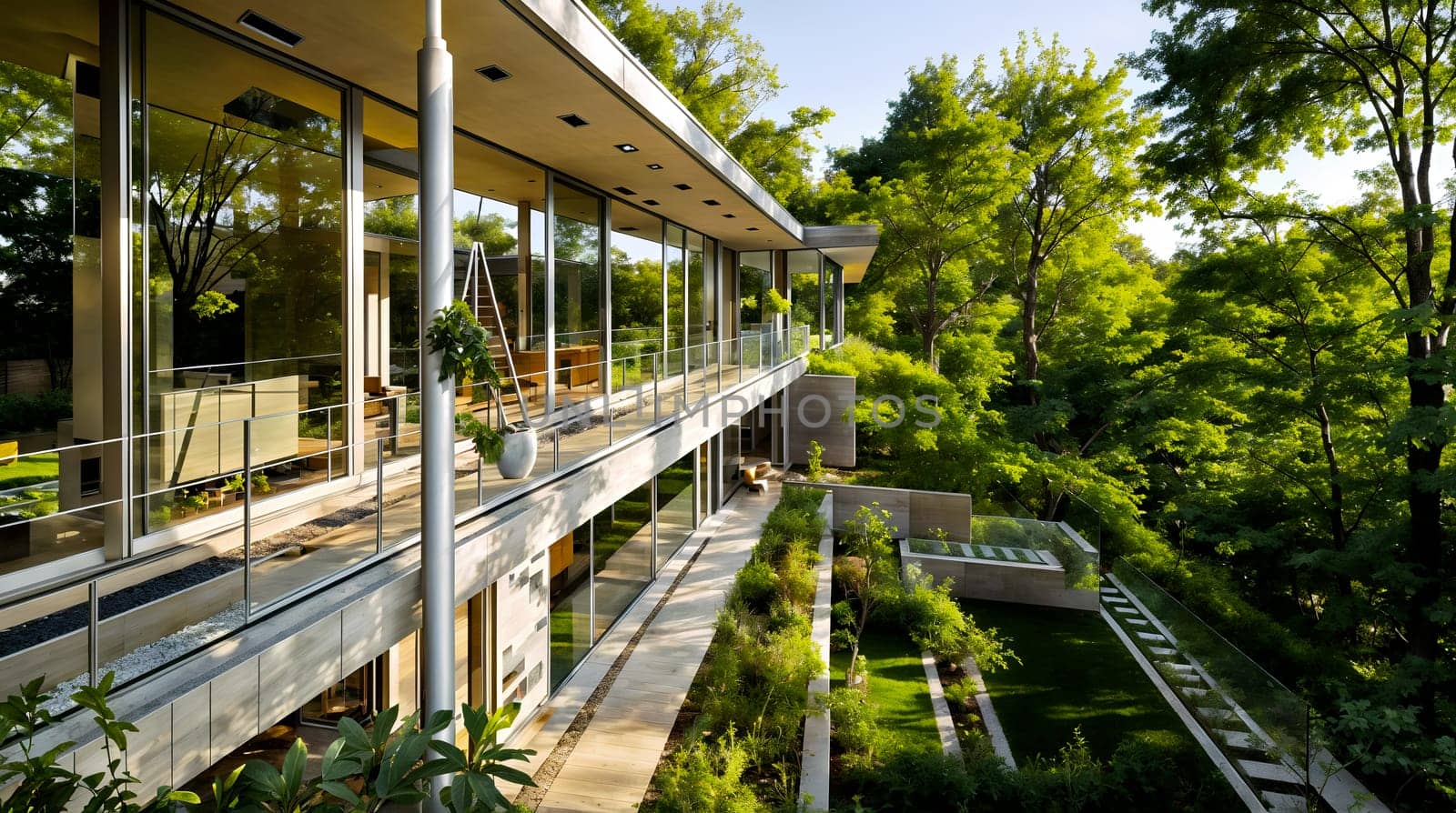 the sleek architecture of a contemporary glass house surrounded by dense trees and foliage, exemplifying a seamless integration of modern living with the natural environment - Generative AI