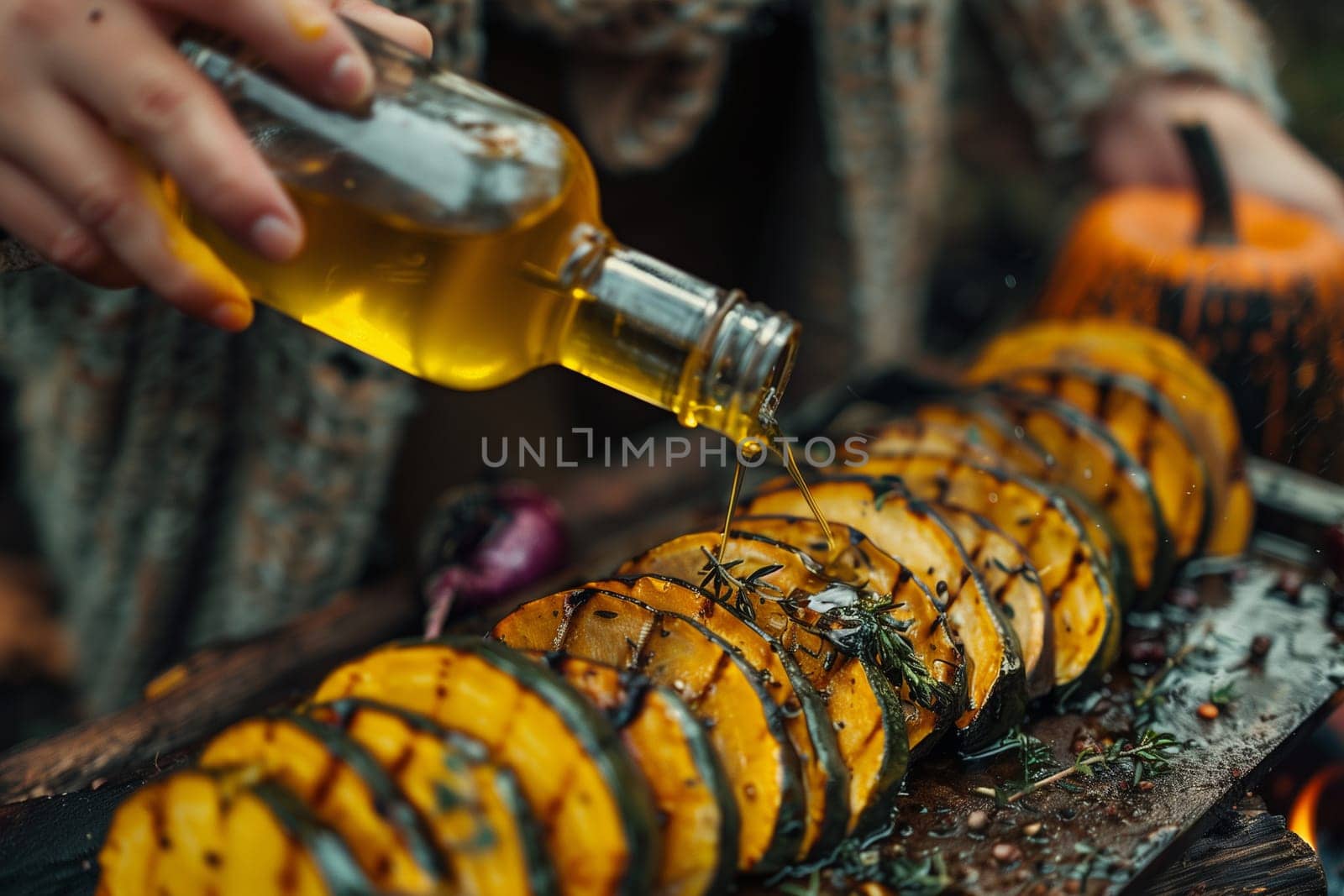 A person cooks food on a grill outdoors. They are using a bottle of oil to season the food as it cooks.