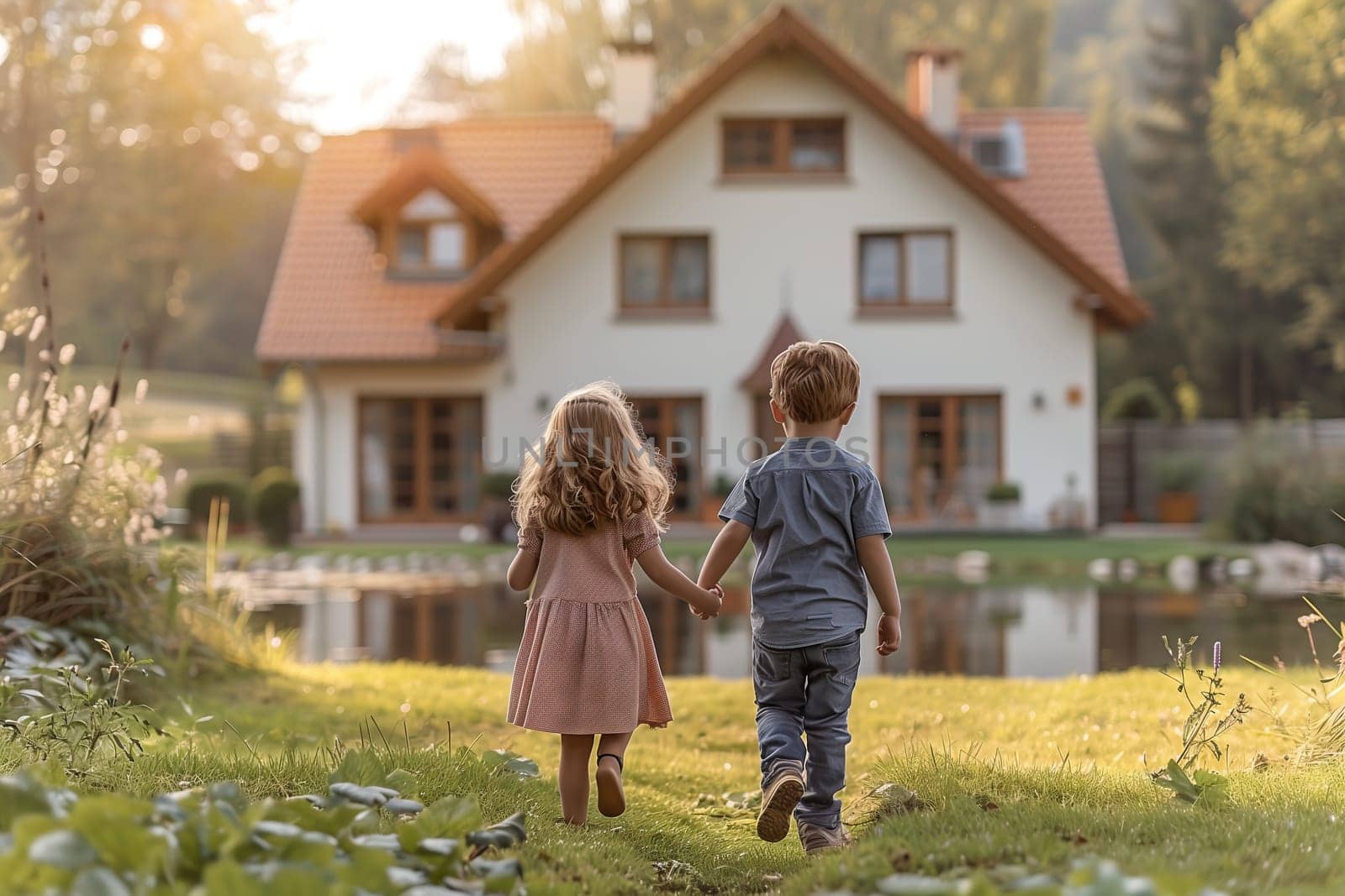 A young couple strolls hand in hand towards a quaint cottage nestled in a residential area surrounded by lush greenery and trees