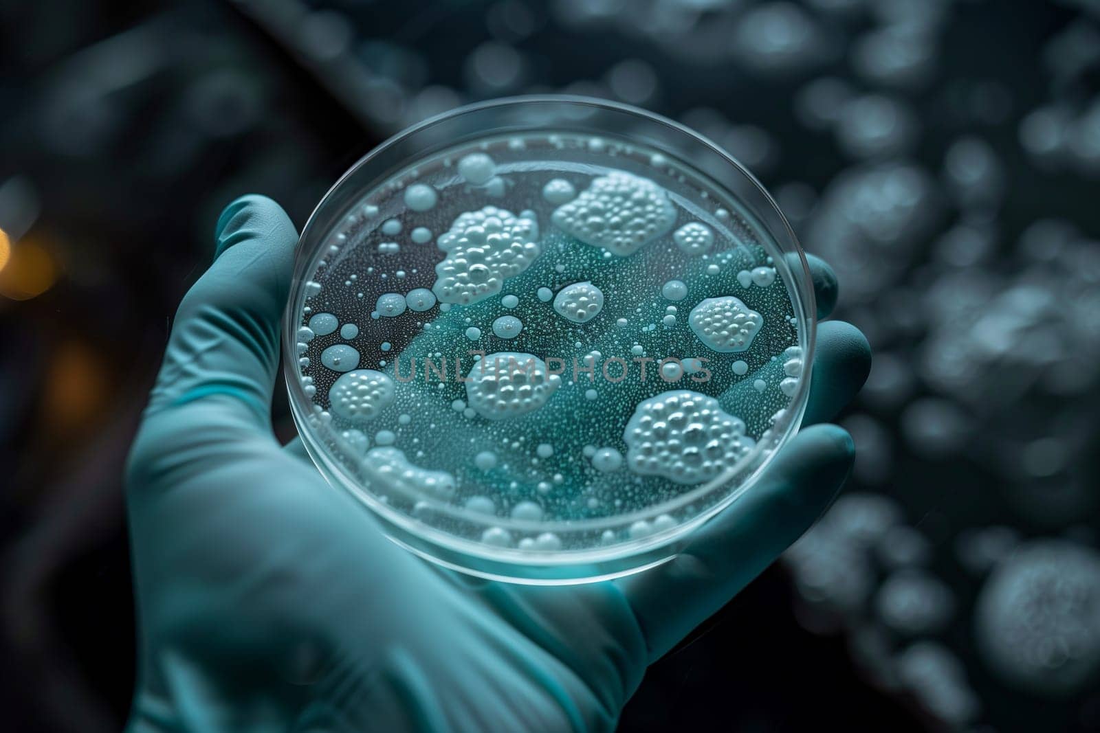 The person is observing a petri dish filled with azure liquid containing bacteria. It is reminiscent of underwater marine biology with electric blue organisms swirling in circular patterns