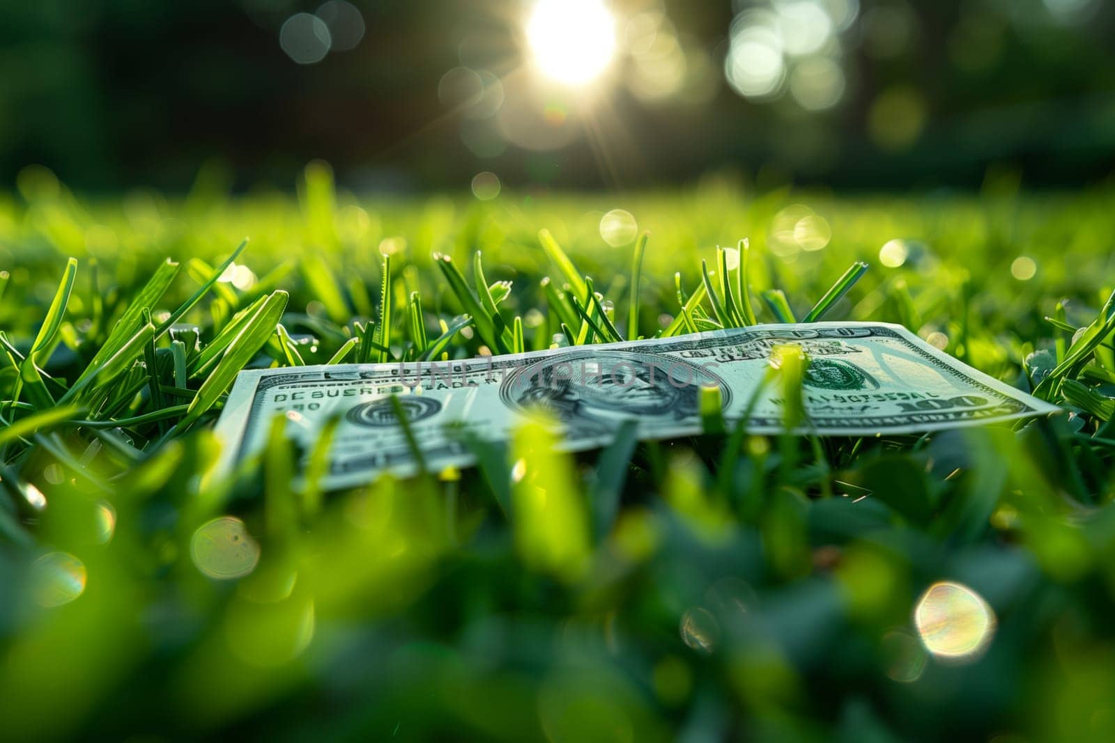 A dollar bill is nestled in the lush grass of a natural landscape, surrounded by moist terrestrial plants and flowers. People in nature enjoy the serene beauty of the grass family and landscape