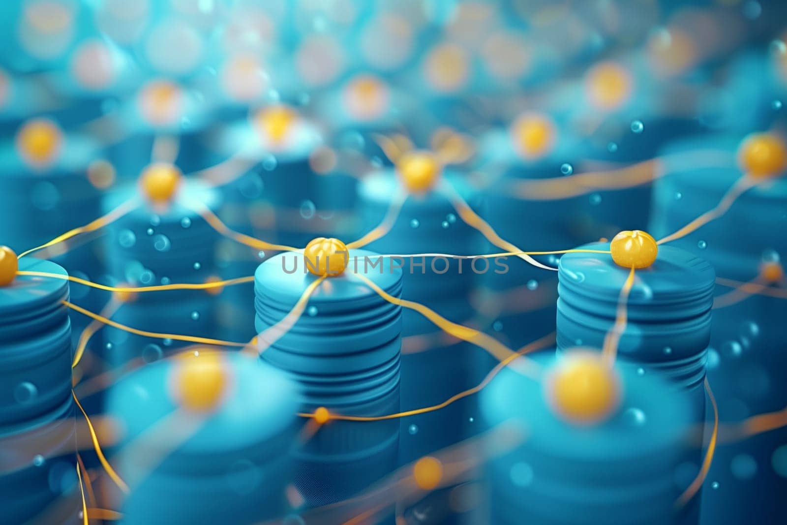 A computergenerated image featuring a network of electric blue cylinders and aqua yellow balls interconnected, resembling a symmetrical pattern of a liquidfilled glass structure