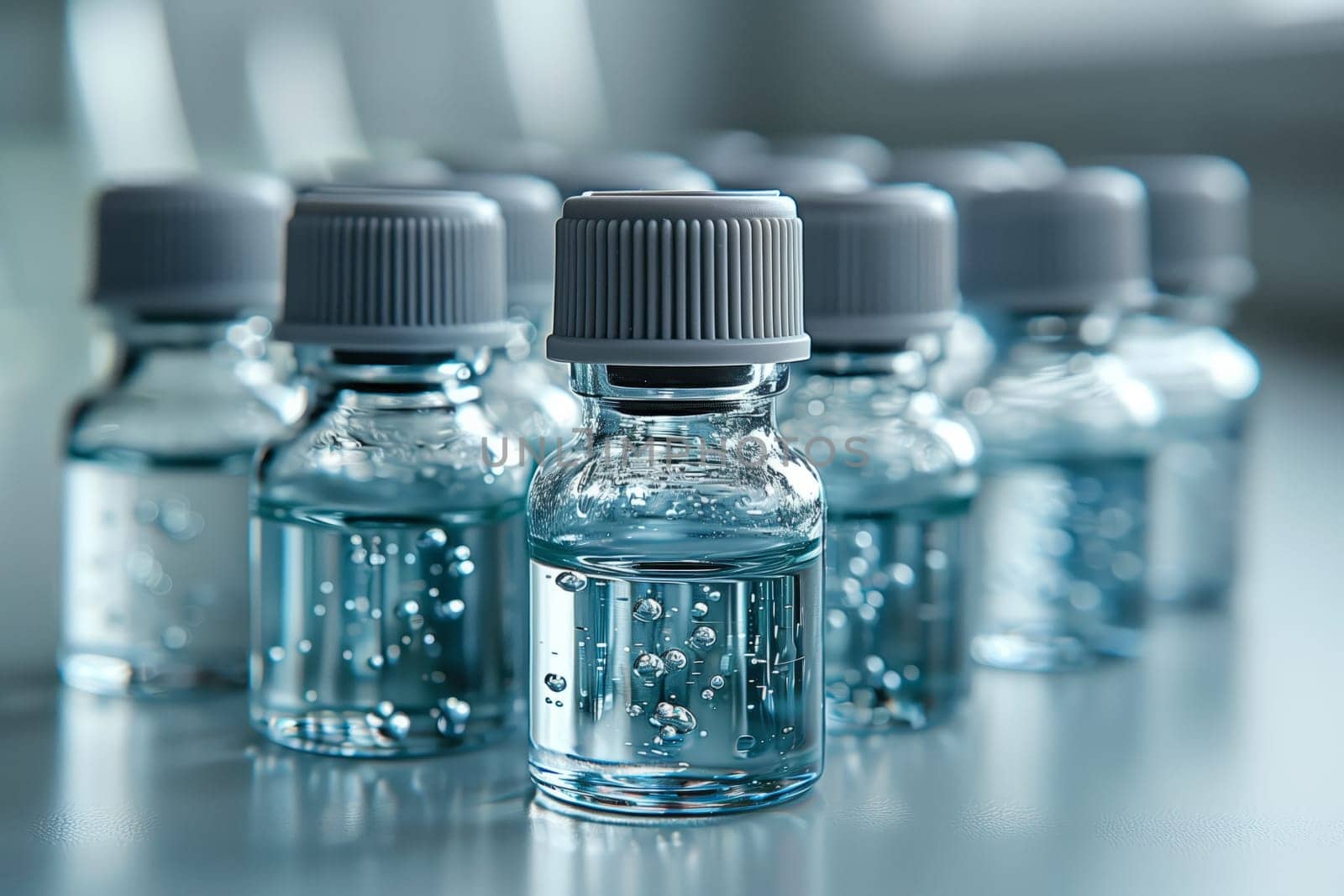 A variety of small bottles filled with liquid are displayed on a table, including glass and plastic bottles containing different fluids or chemicals