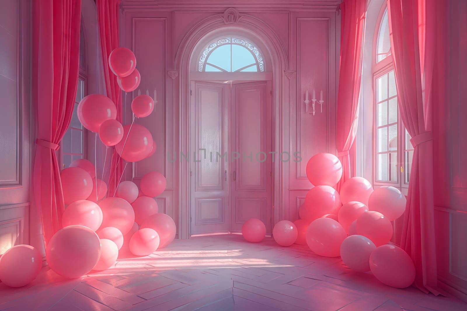 An interior design featuring a room filled with magenta balloons and pink curtains, complemented by wooden furniture and art pieces