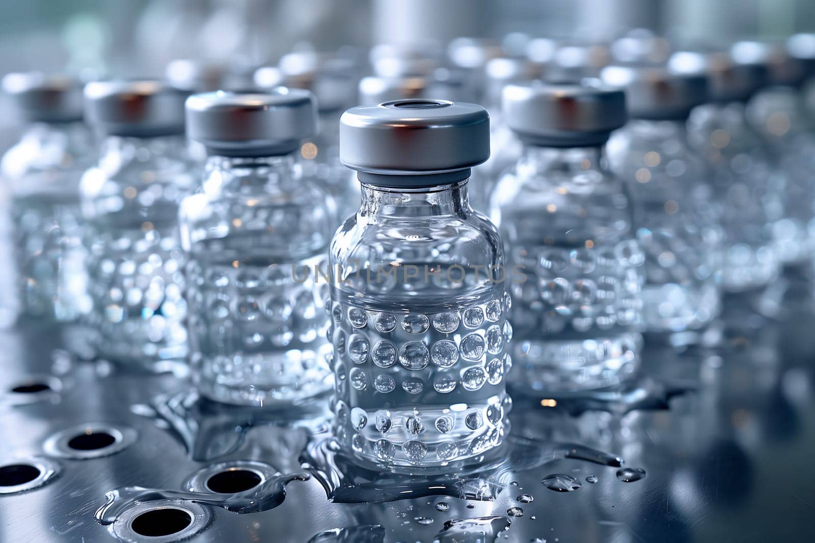 Several plastic bottles filled with liquid, likely drinking water or mineral water, are placed on the table