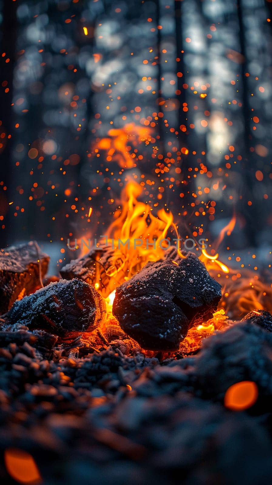 Glowing embers in a campfire, capturing warmth and adventure themes.